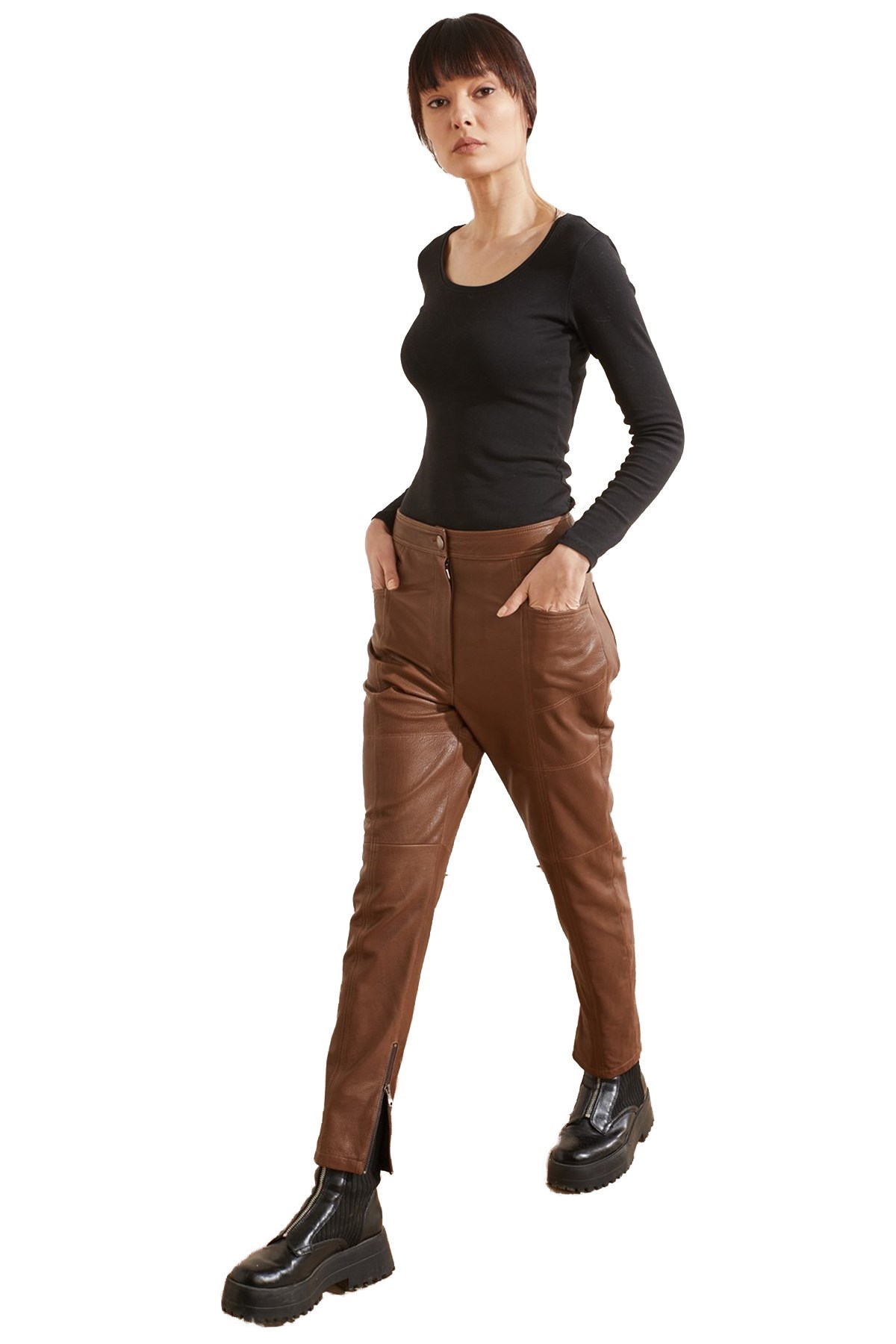 Taba Kadın Cigarette Deri Pantolon