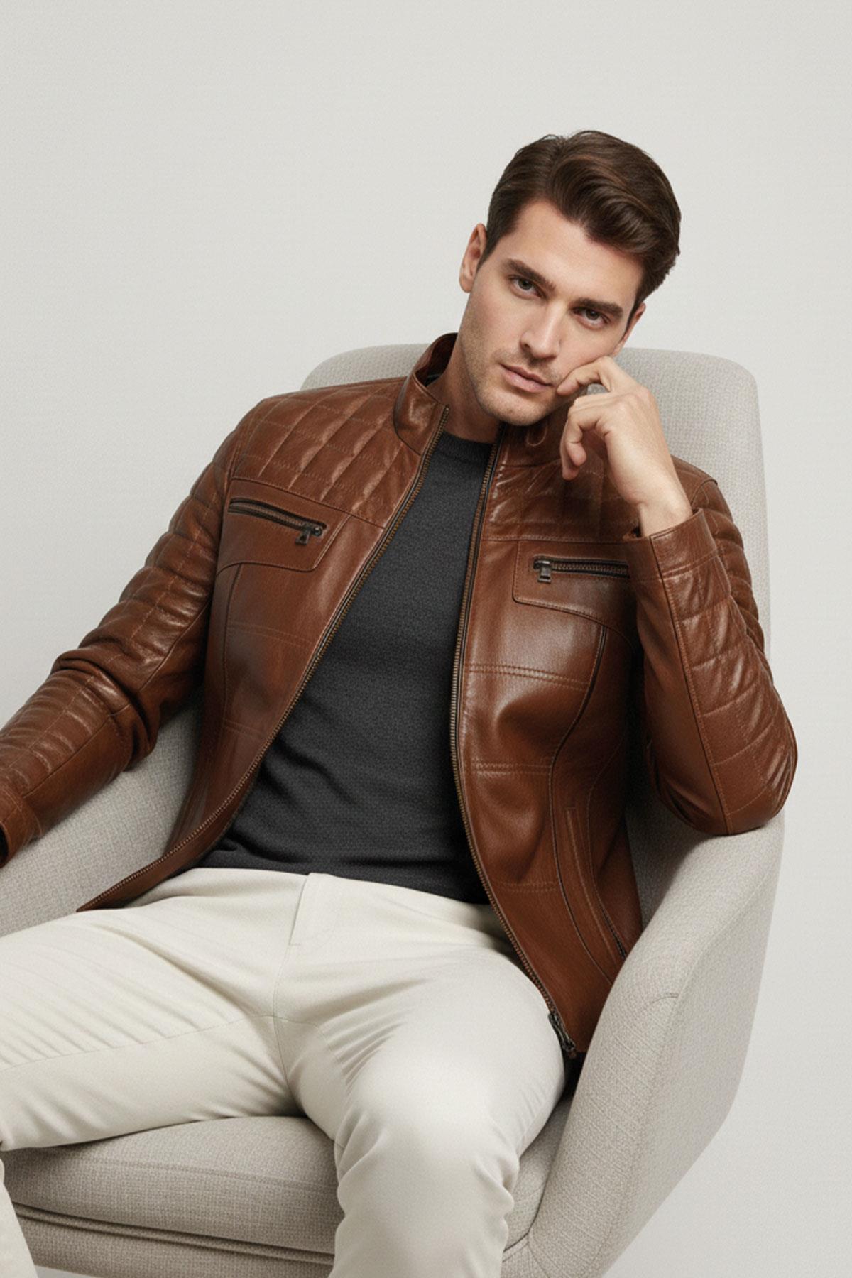 Tan Oscar Quilted Stitched Zippered Genuine Leather Mens Coat