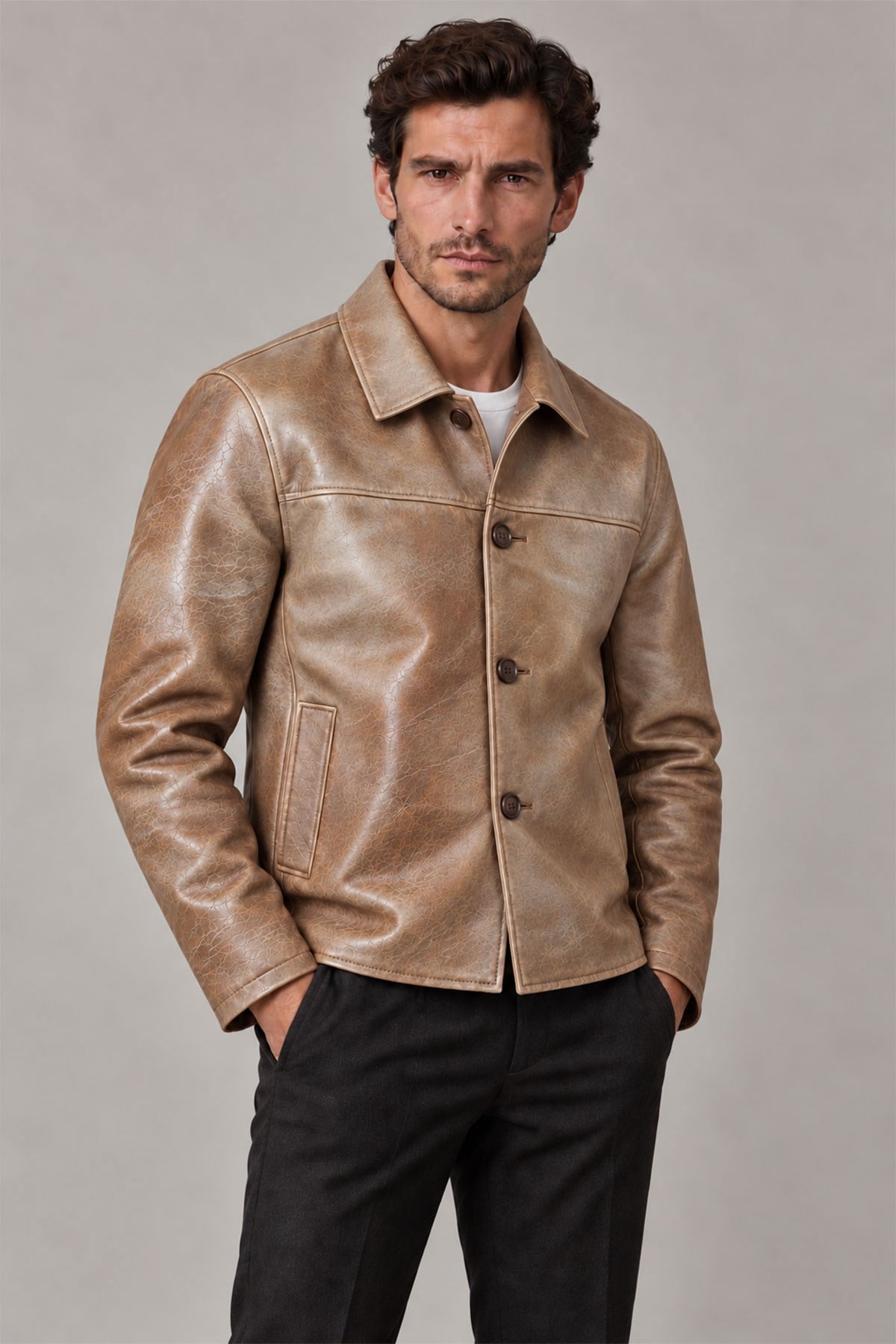Theo Erkek Vintage Eskitme Camel Hakiki Deri Ceket