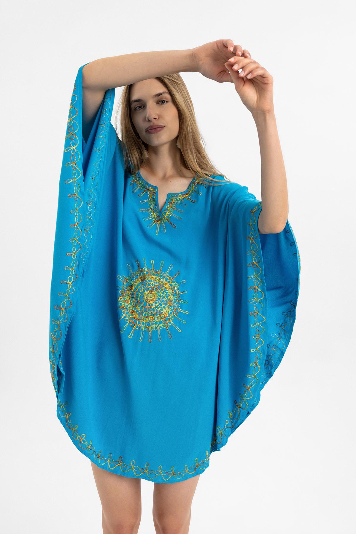 Turkuaz Şile Bezi Yarasa Kollu İşlemeli Kısa Yazlık Astarsız Plaj Pamuklu Kaftan Elbise