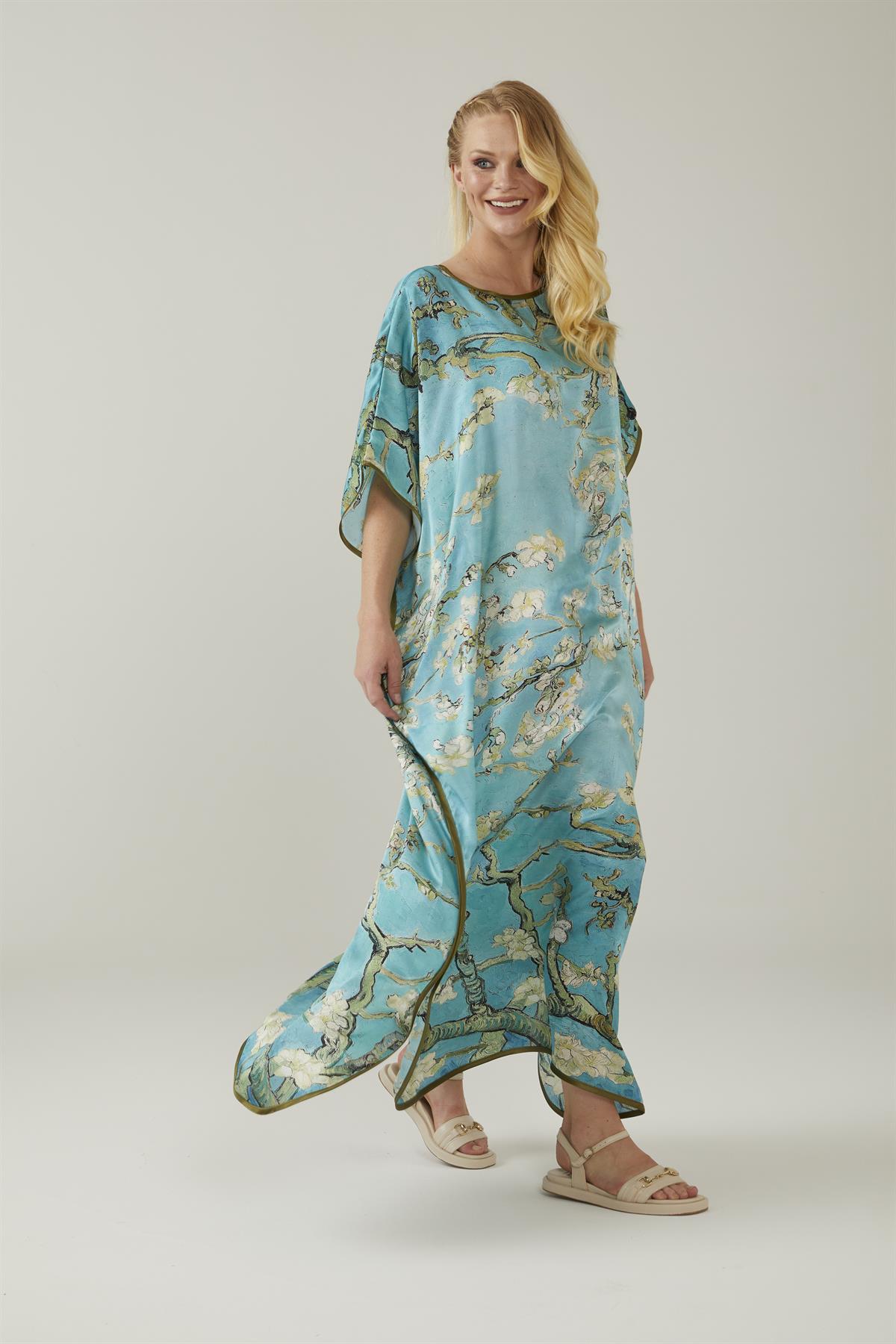 Turkuaz Van Gogh Almond Blossoms Desenli İpek Elbise