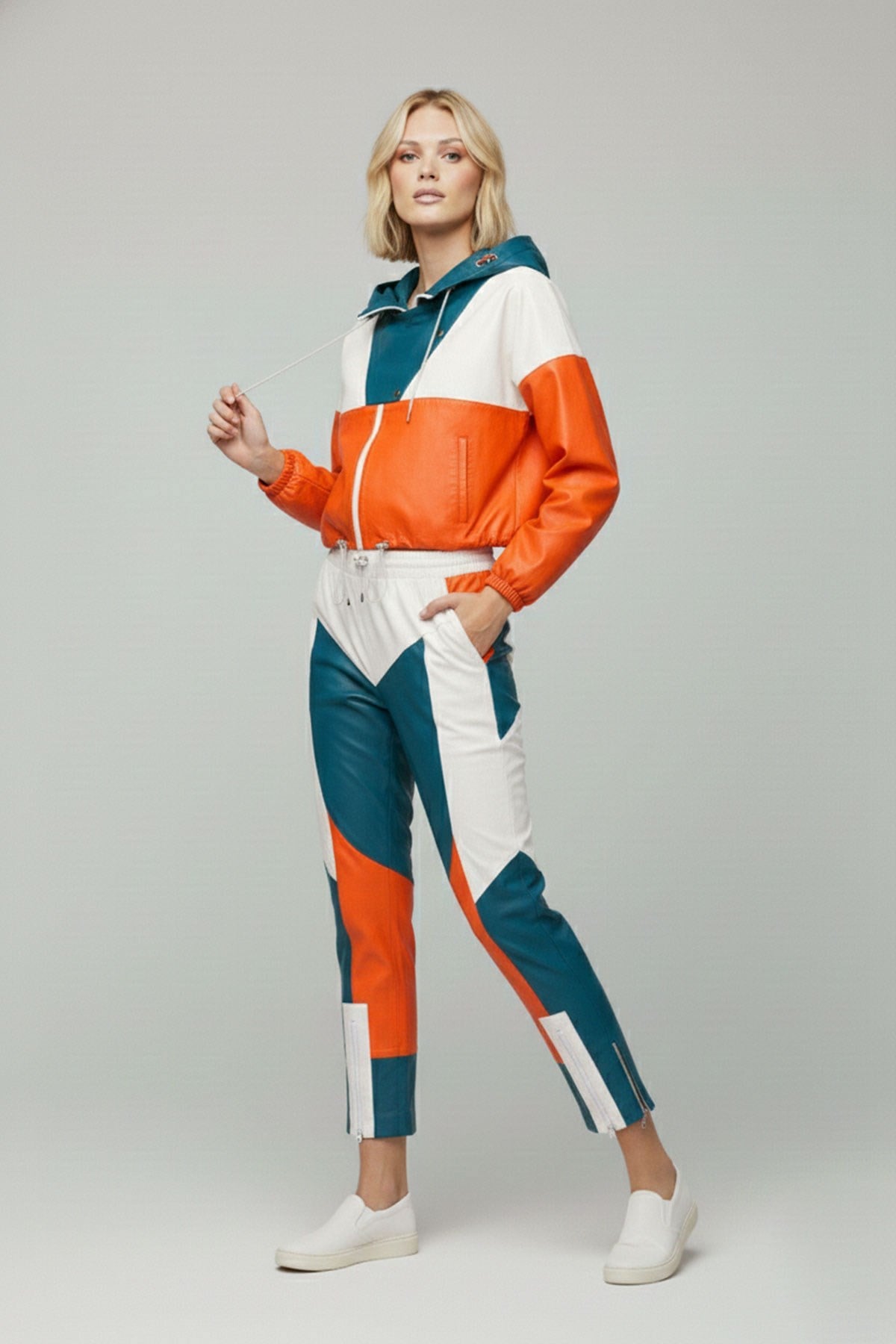 Turuncu Beyaz Yeşil Colorblock  Beli Lastikli Bağcıklı Paçası  Fermuarlı Kadın Hakiki Deri Pantolon