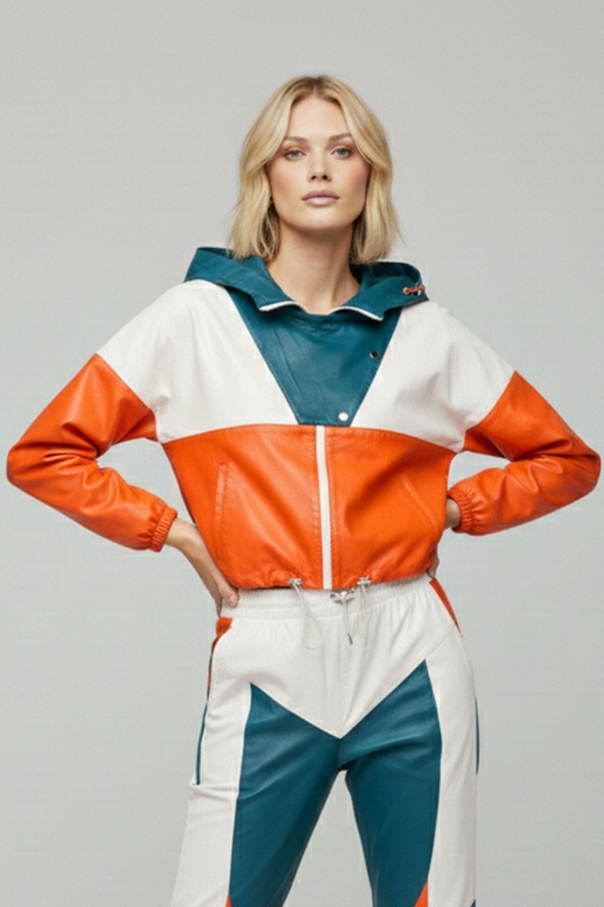 Turuncu Beyaz Yeşil Kapüşonlu  Fermuarlı Cepli Beli Ayarlanabilir  Colorblock Kadın Hakiki Deri Mont