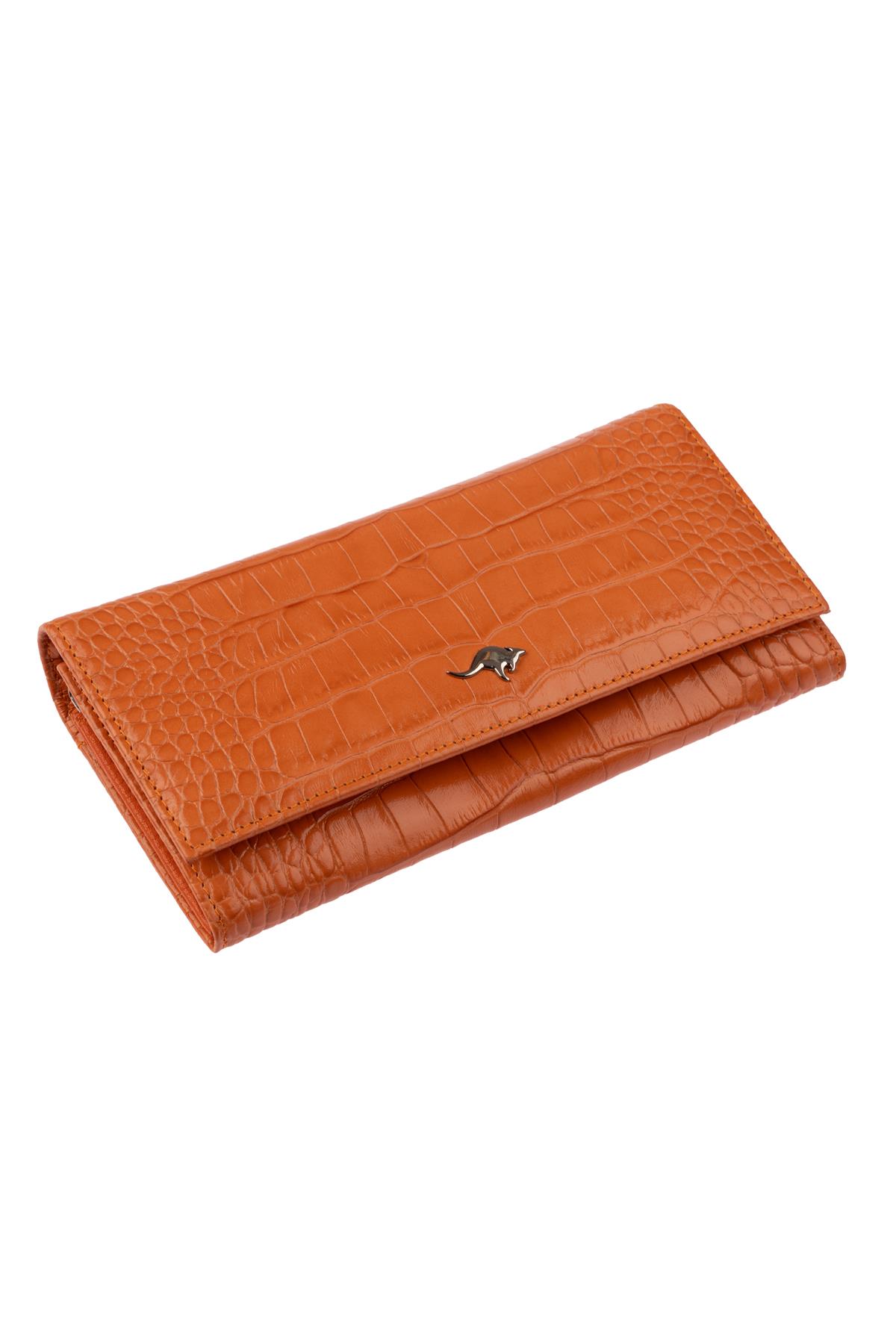 Turuncu Kroko Çıt Çıtlı Kapamalı Kadın Deri Cüzdan