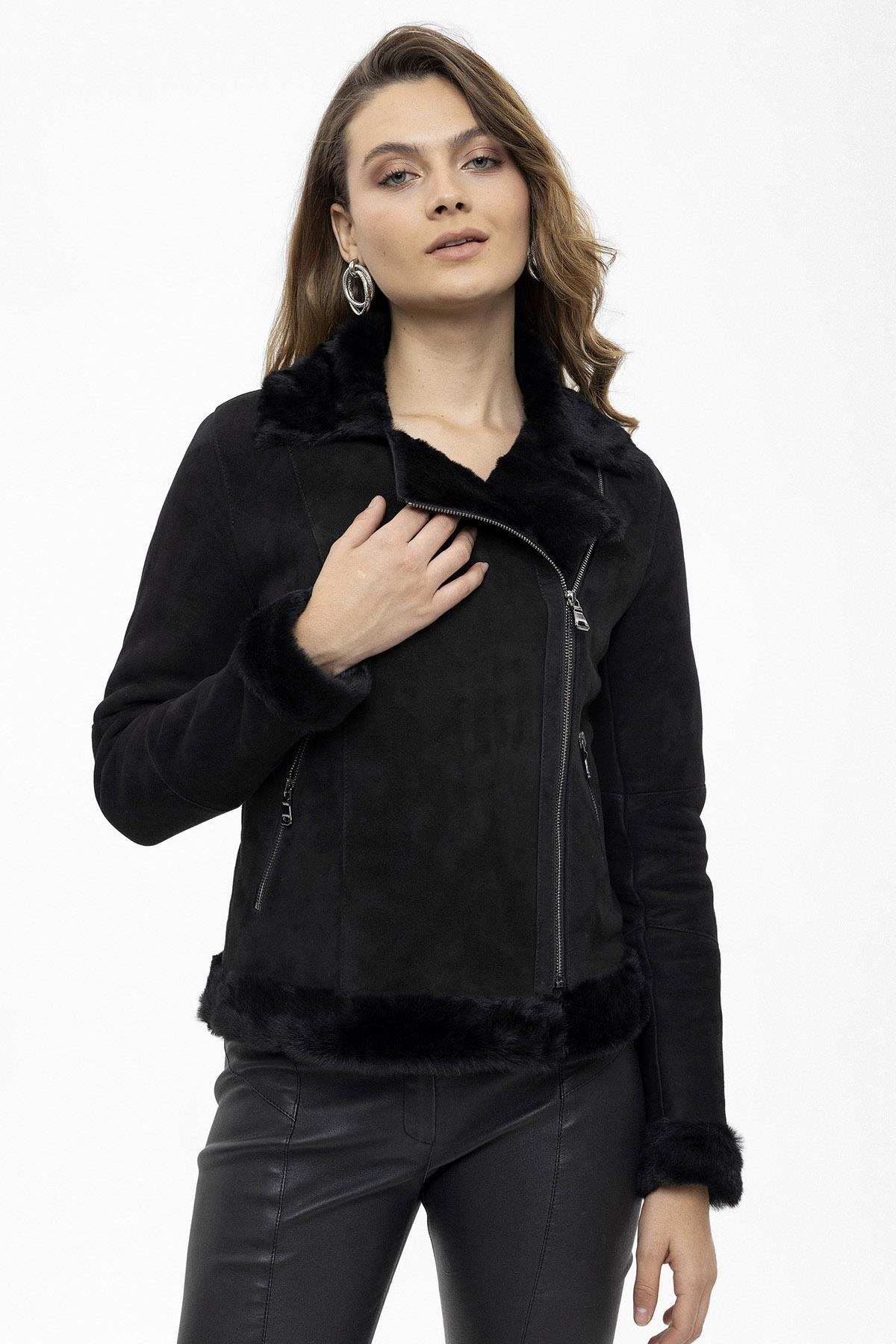 Violet Black Zipper Biker Womens Genuine Fur Coat