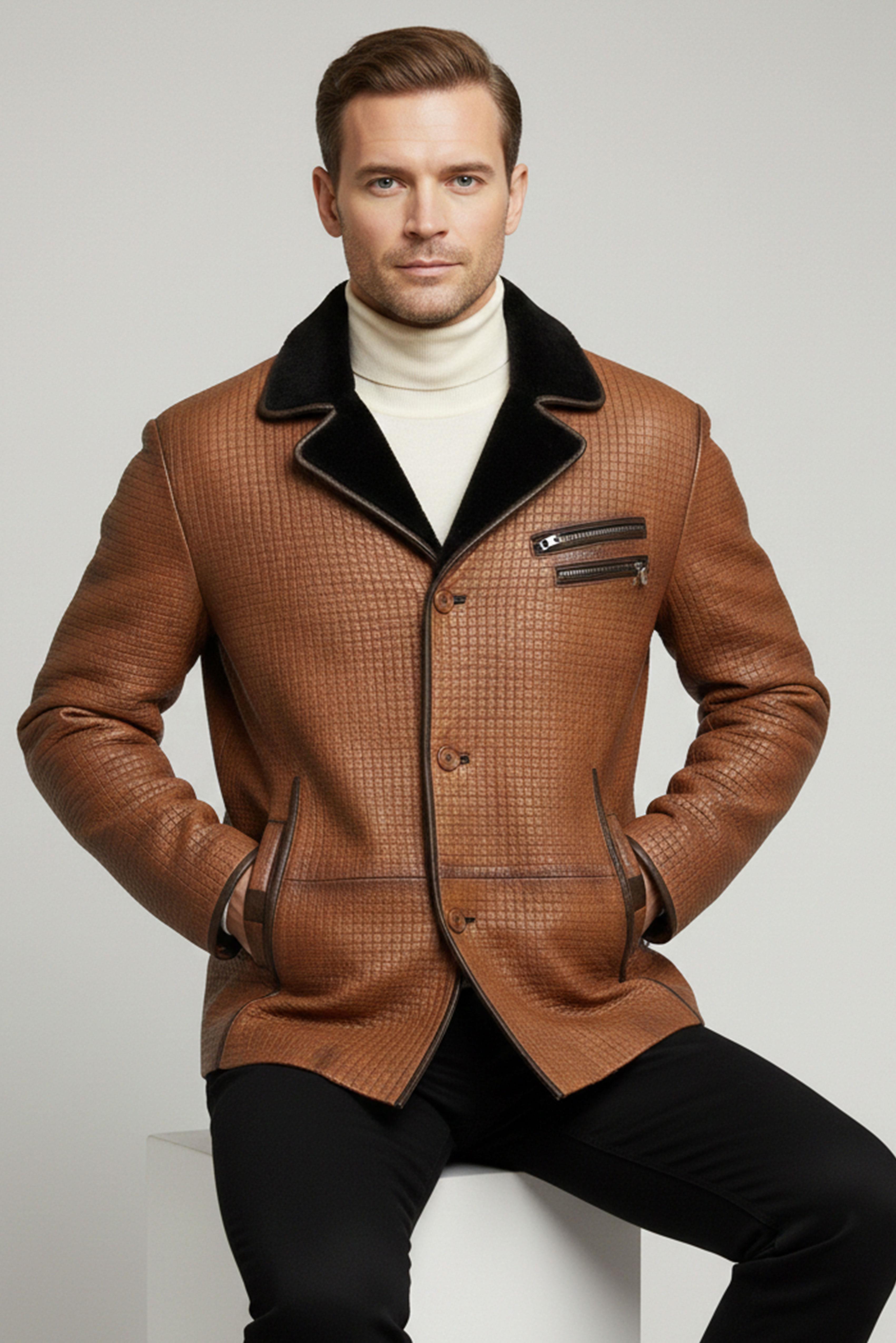 Viski Braxton İçi Kahve Tüylü Fermuarlı Süs Düğmeli Sıcak Tutan Hakiki Kürk Erkek Kaban