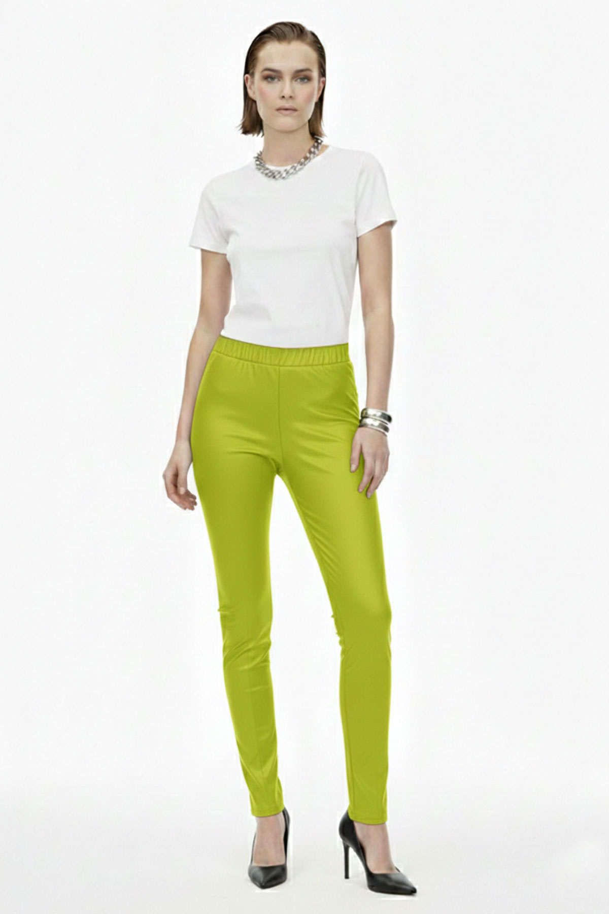 Yeşil Kadın Beli Lastikli Cepsiz Tayt Hakiki Streç Deri Pantolon