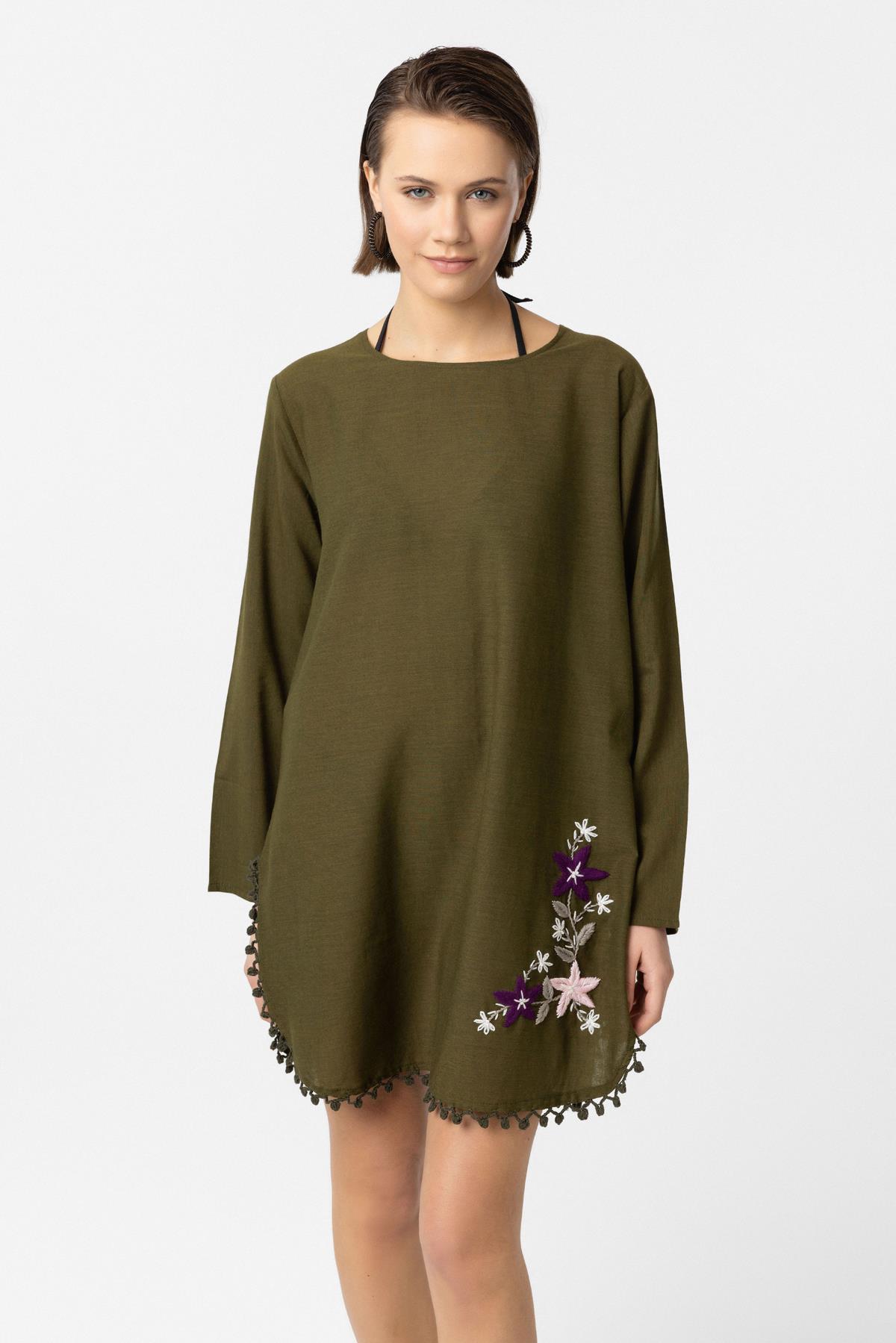 Yeşil Nakış İşlemeli Uzun Kollu Pamuklu Bluz Elbise