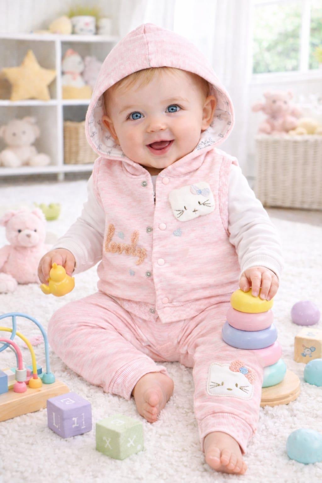 %100 PAMUK 3 PARÇALI KAPÜŞONLU KEDİ FİGÜRLÜ  KIZ  BEBEK YELEK TAKIM-AÇIK PEMBE