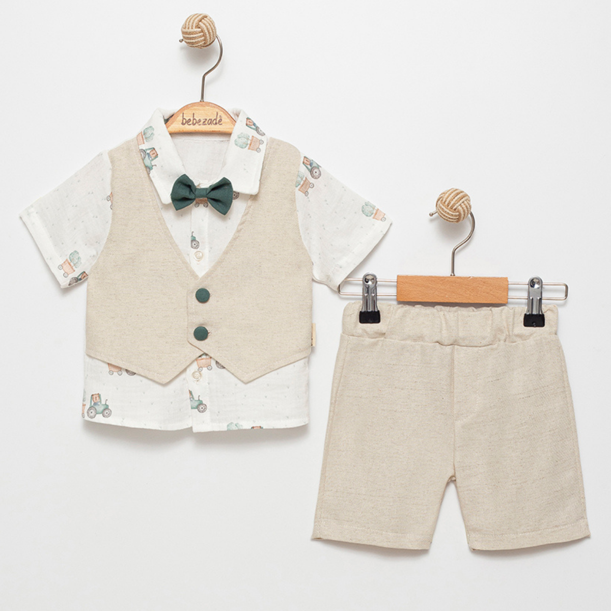 %100 PAMUK 3 PARÇALI TRAKTÖR BASKILI  ERKEK BEBEK KETEN YELEK TAKIM - PAPYONLU