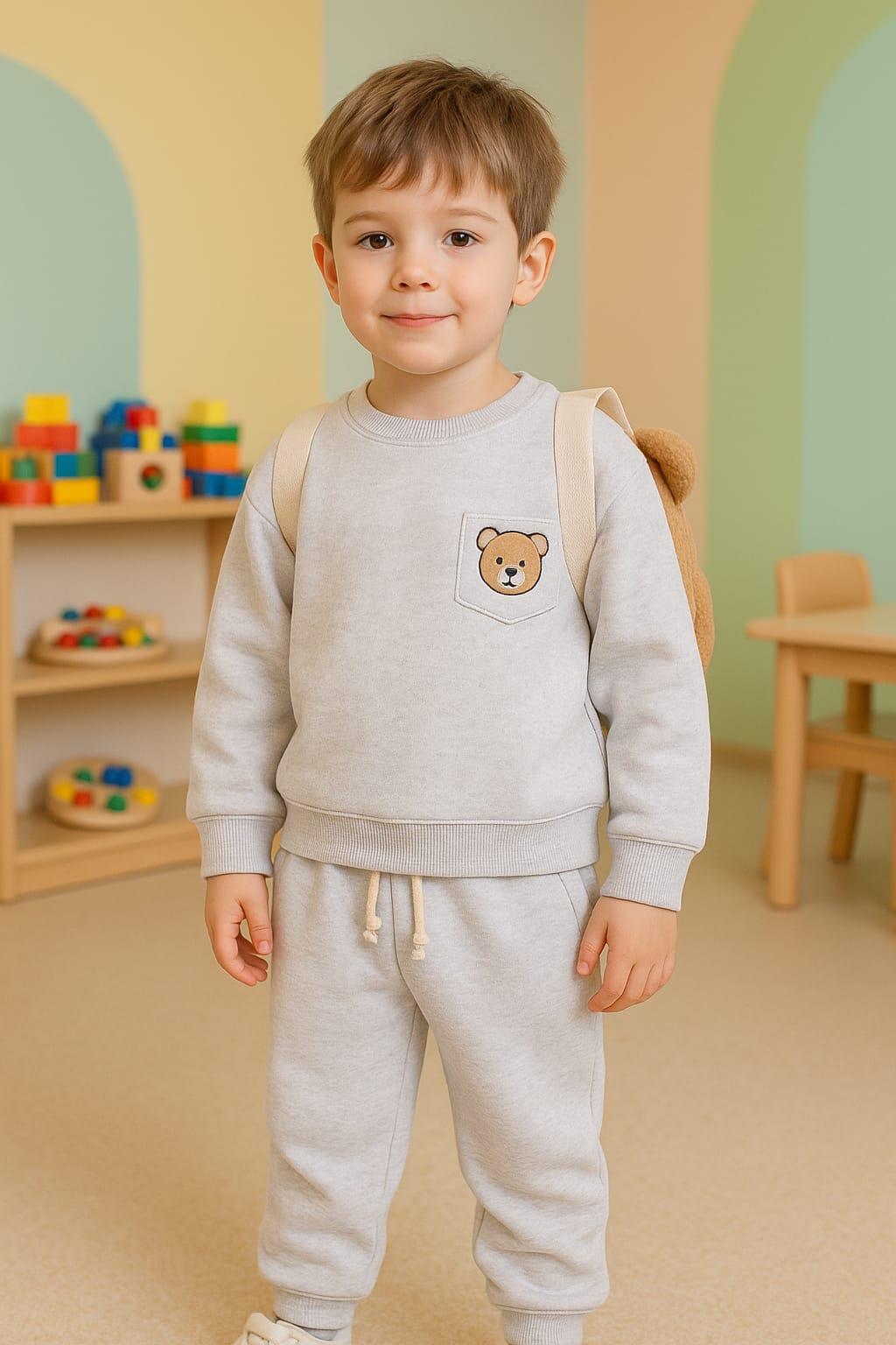 3 PARÇALI AYICIK FİGÜRLÜ  GRİ RENKLİ ERKEK ÇOCUK TAKIM- ÇANTALI