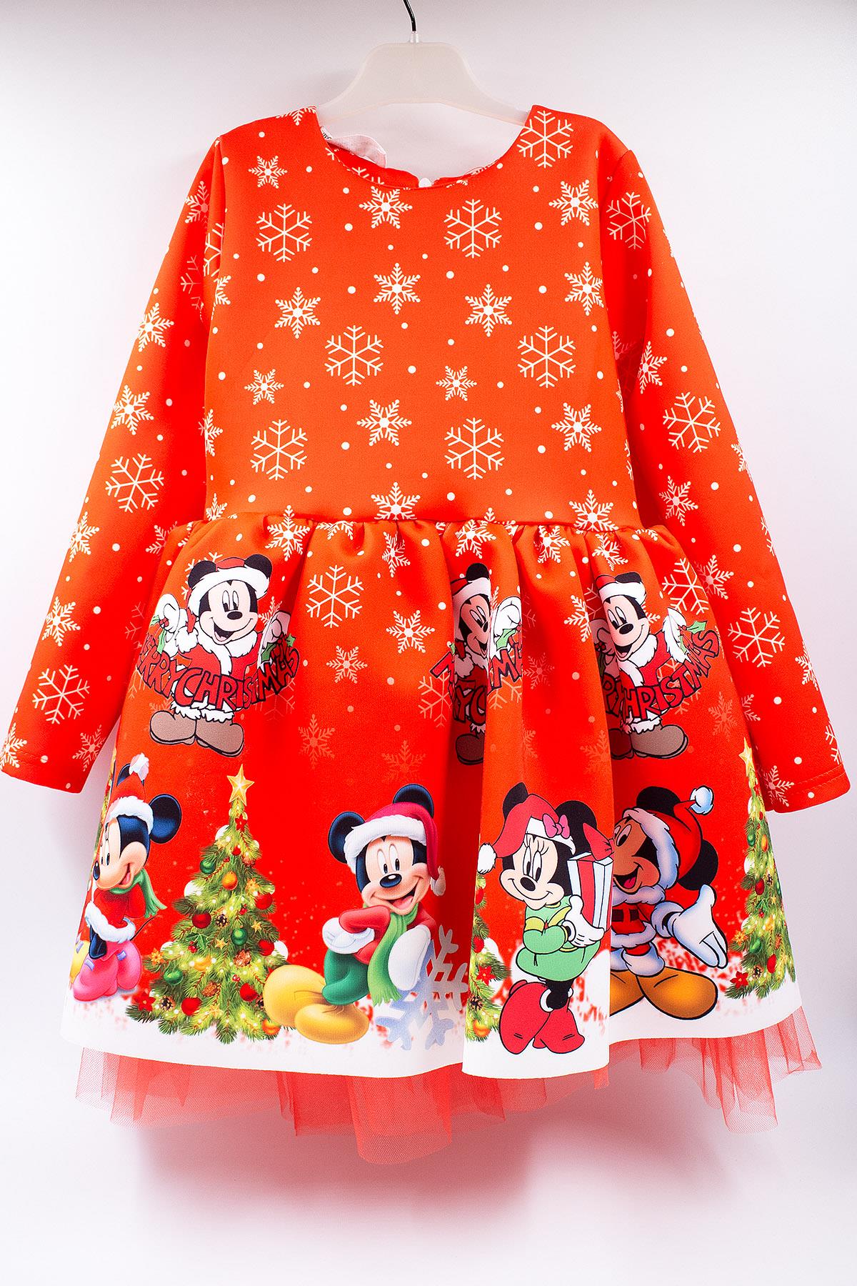 AÇIK KIRMIZI MİCKEY &MİNİ MOUSE KARAKTERLİ YENİ YIL KIZ ÇOCUK KOSTÜMÜ-ŞAPKALI