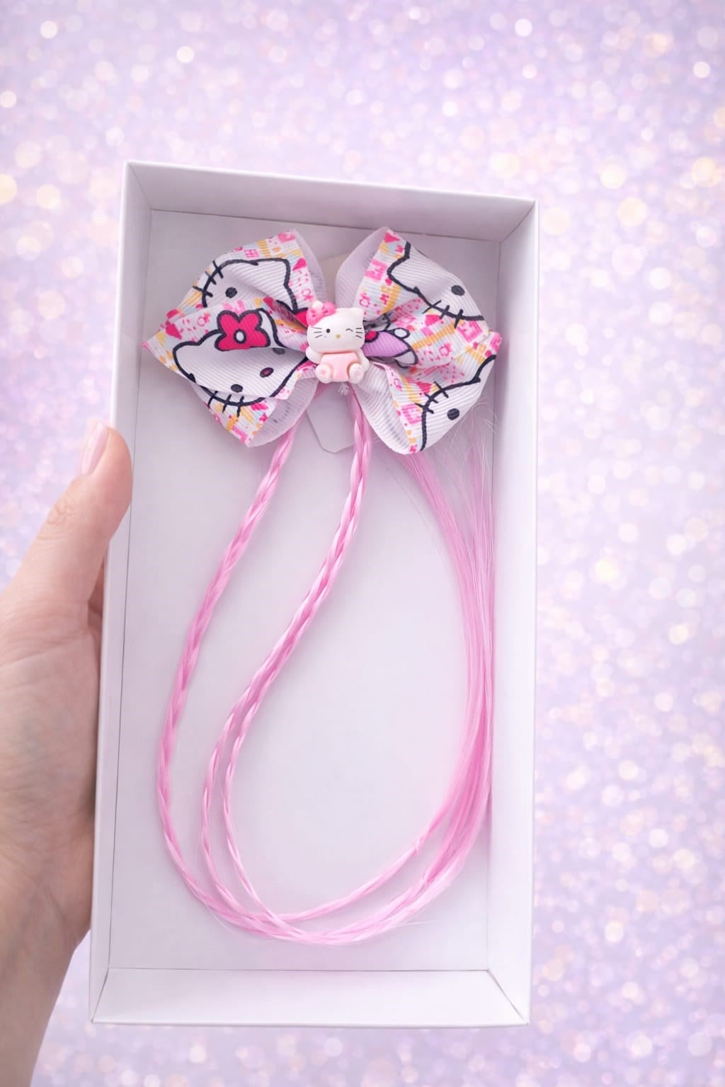 Hello Kitty Figürlü Kız Çocuk Saç Tokası – Açık Pembe Örgü Saçlı Fiyonk Toka-Kutulu