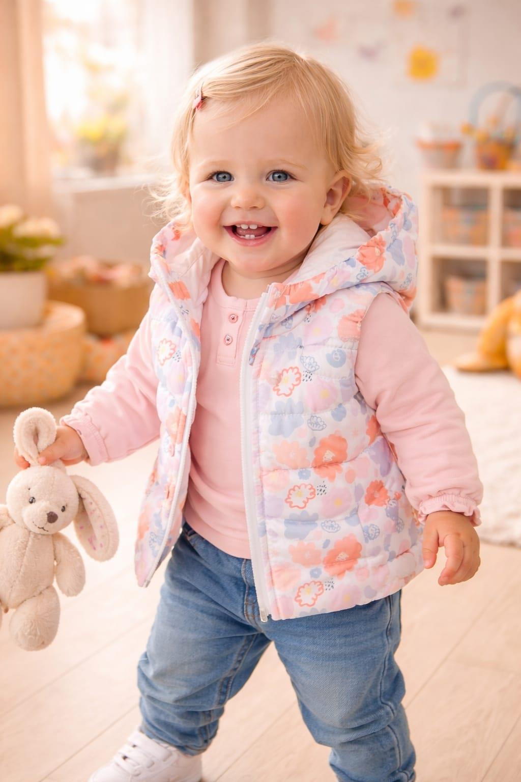 KAPÜŞONLU ÇİÇEK DESENLİ KALIN KIZ ÇOCUK  YELEK- TİŞÖRT HEDİYELİ -SU GEÇİRMEZ