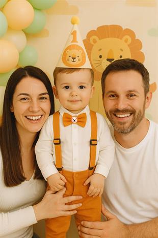 %100 EL YAPIMI AYARLANABİLİR ASLAN FİGÜRLÜ ERKEK ÇOCUK PAPYON VE PANTOLON ASKI SETİ-KUTULU