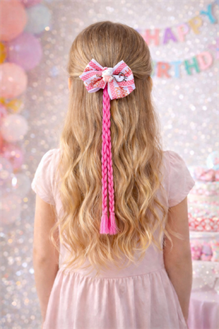 Hello Kitty Figürlü Kız Çocuk Saç Tokası – Pembe Örgü Saçlı Fiyonk Toka-Kutulu