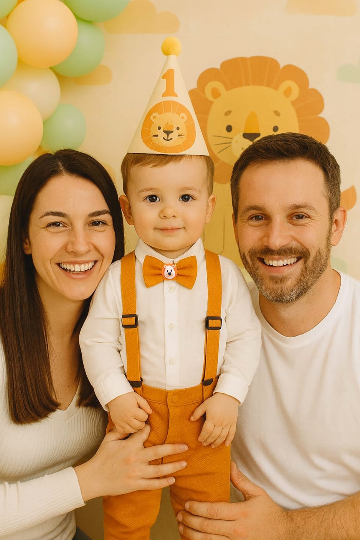 % 100 EL YAPIMI AYARLANABİLİR TURUNCU RENK  ASLAN FİGÜRLÜ ERKEK ÇOCUK PAPYON - KUTULU
