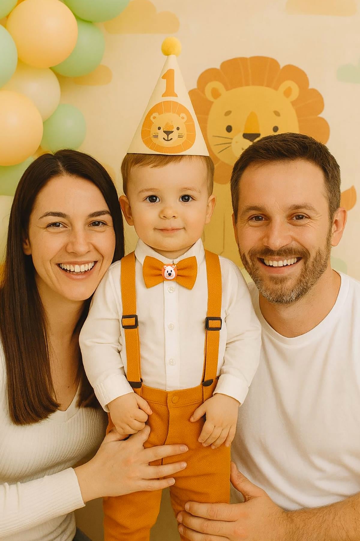 %100 EL YAPIMI AYARLANABİLİR ASLAN FİGÜRLÜ ERKEK ÇOCUK PAPYON VE PANTOLON ASKI SETİ-KUTULU