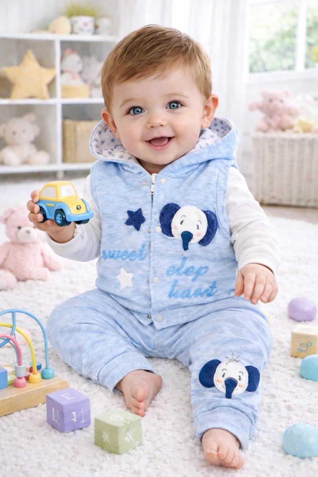 %100 PAMUK 3 PARÇALI KAPÜŞONLU FİL FİGÜRLÜ  ERKEK BEBEK YELEK TAKIM-BEBE MAVİSİ