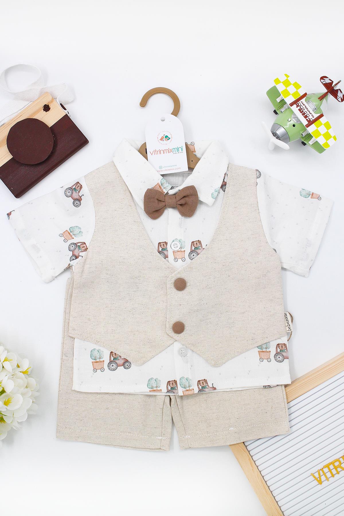 %100 PAMUK 3 PARÇALI TRAKTÖR BASKILI  ERKEK BEBEK KETEN YELEK TAKIM - PAPYONLU