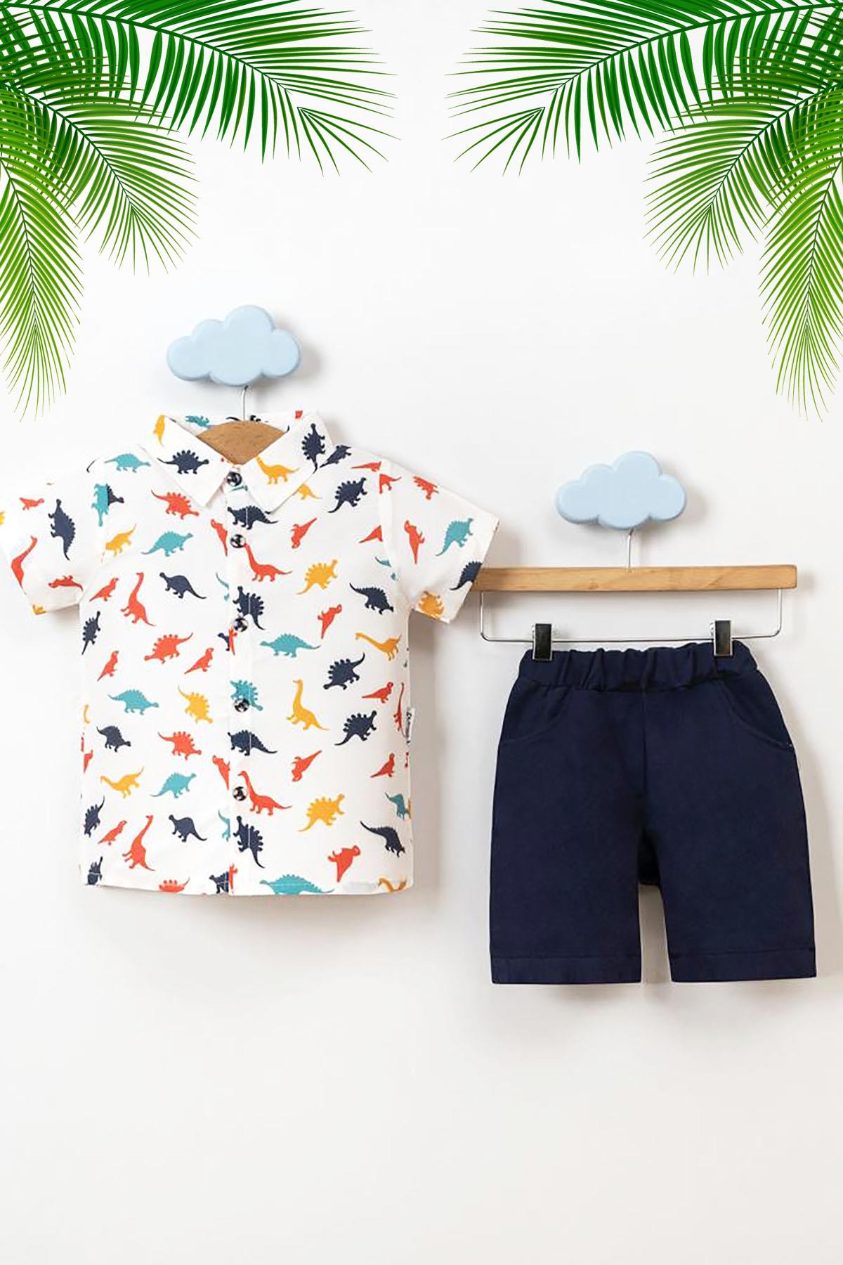 2'Lİ DİNAZOR BASKILI  GÖMLEK VE ŞORT ERKEK ÇOCUK TAKIM-DAR KALIP