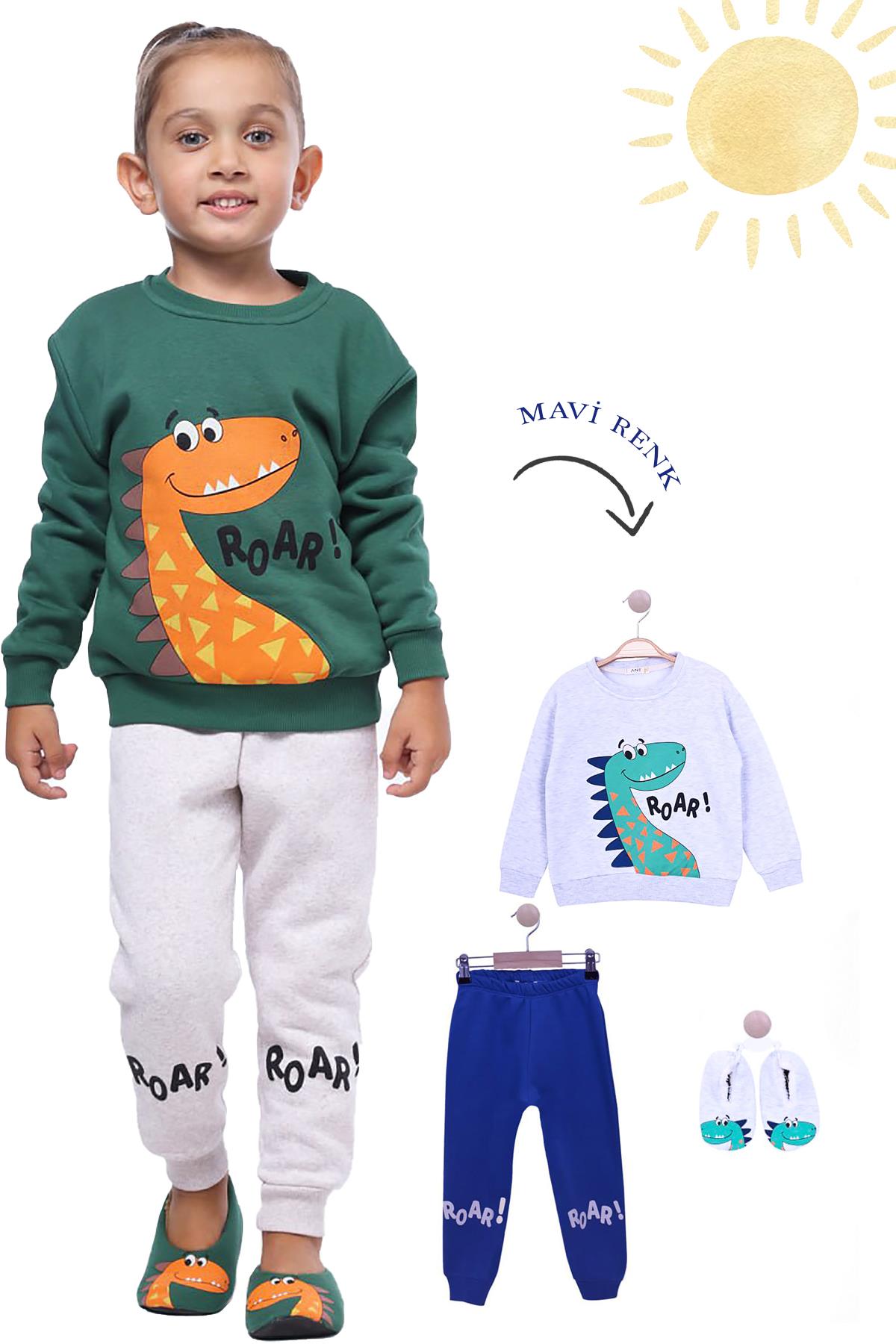 2'Lİ DİNAZOR BASKILI MAVİ ERKEK EŞOFMAN TAKIM-PATİK HEDİYELİ