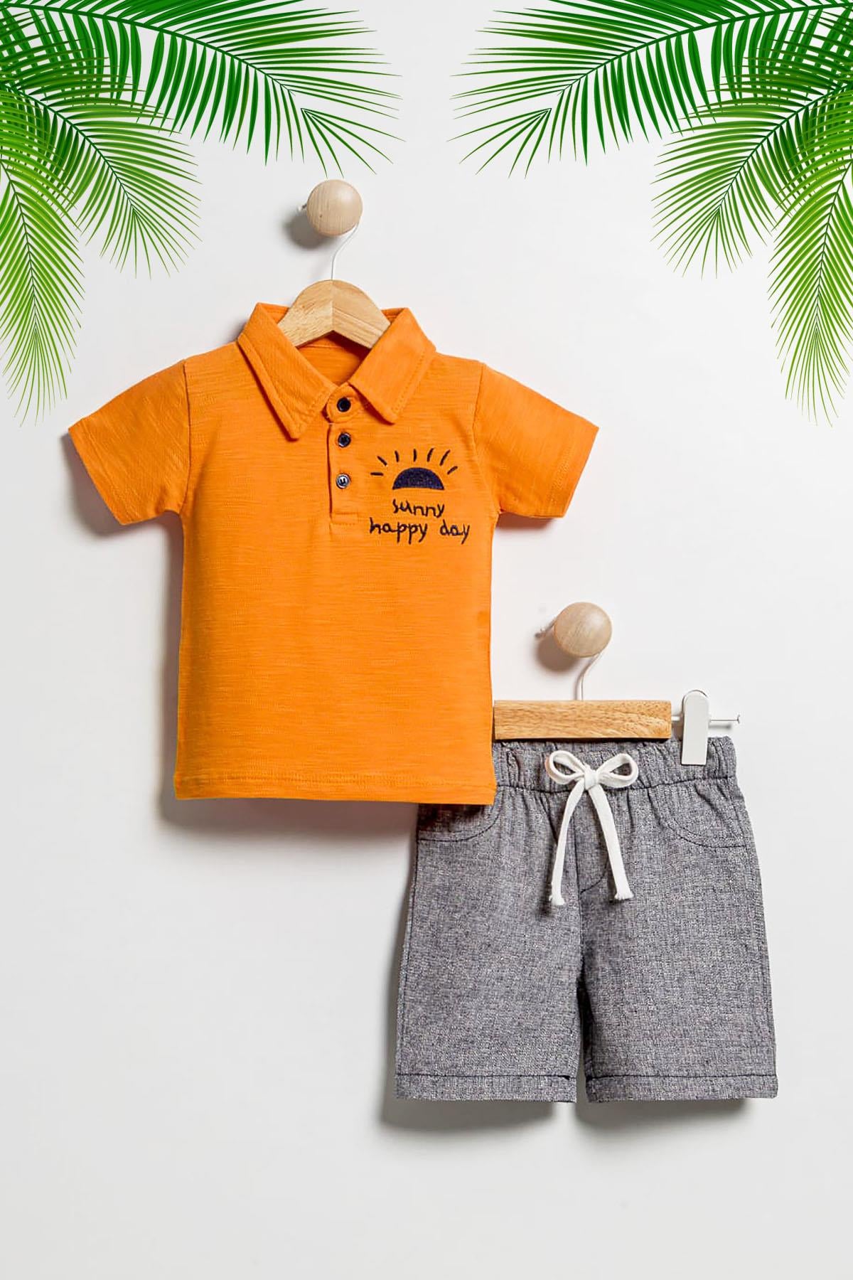 2'Lİ HAPPY DAY TURUNCU LACOSTE YAKA  VE ŞORT TAKIM