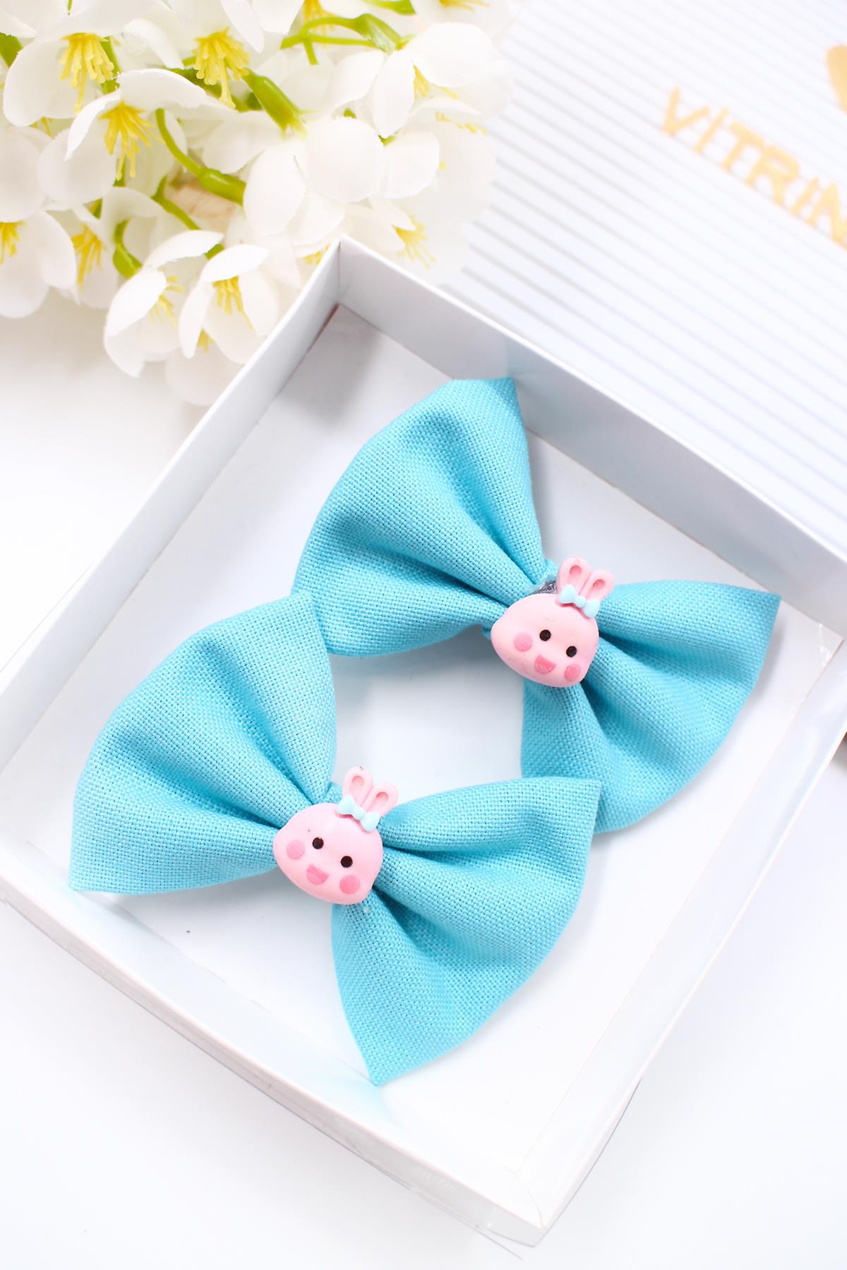 2'Lİ TAVŞAN OBJELİ AÇIK MAVİ KIZ ÇOCUK TOKASI-KUTULU