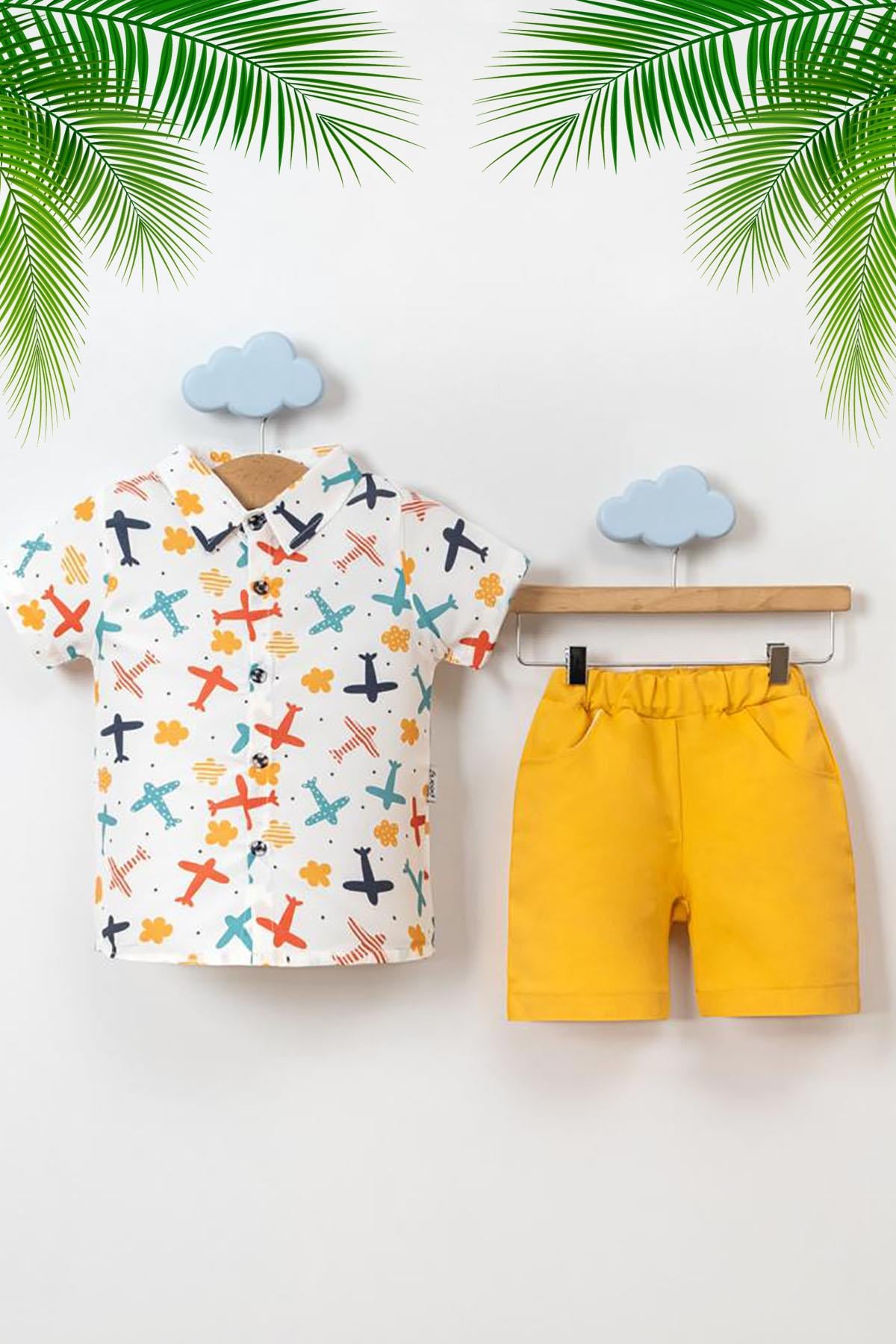 2'Lİ UÇAK FİGÜRLÜ GÖMLEK VE ŞORT ERKEK ÇOCUK TAKIM-DAR KALIP