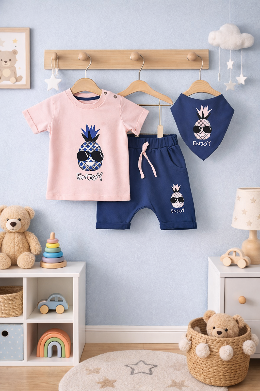 3 PARÇALI %100 PAMUK ANANAS DESENLİ  ERKEK ŞORT TAKIM