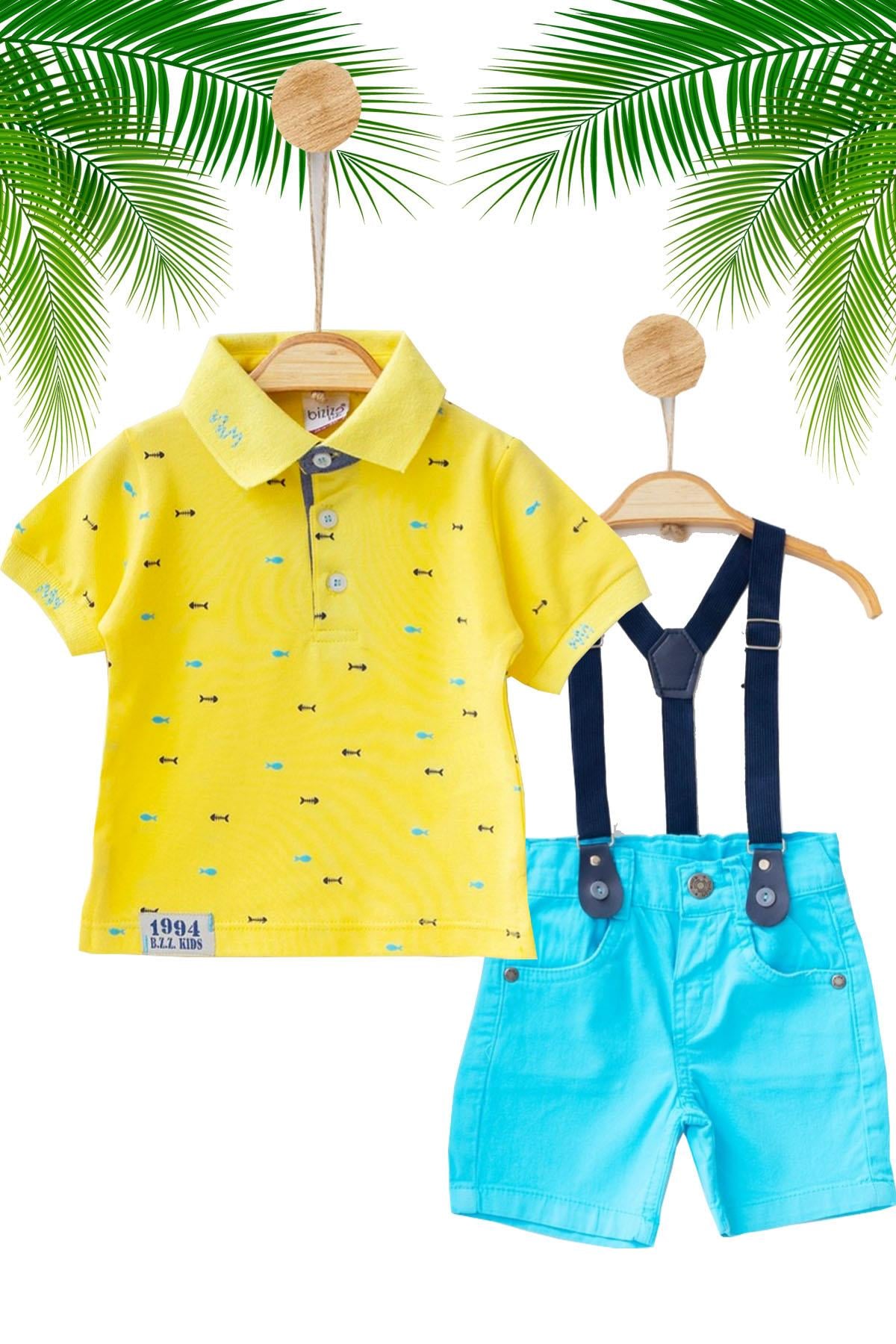 BALIK İŞLEMELİ 2'Lİ  LACOSTE TİŞÖRT VE ASKILI ŞORT ERKEK BEBEBK TAKIM