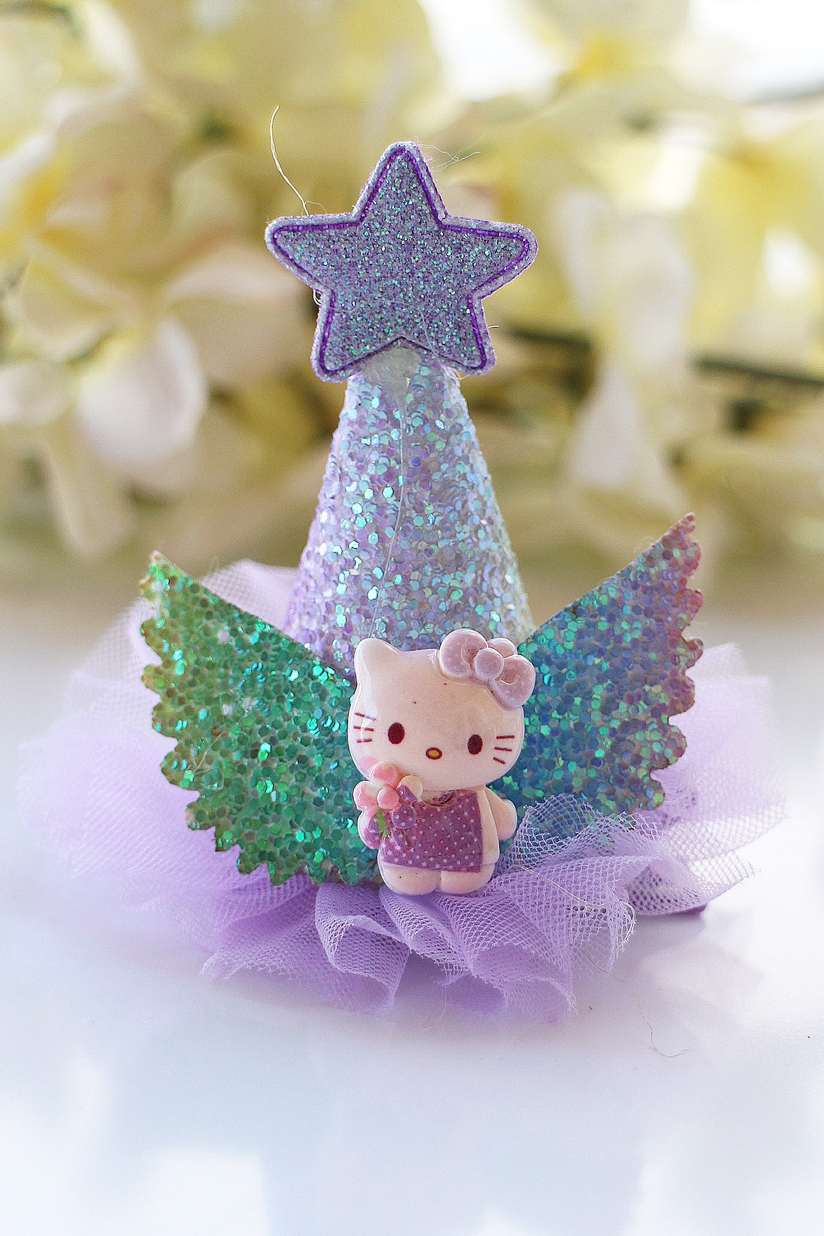 HELLO KİTTY MOR SİMLİ YILDIZLI  PARTİ KIZ ÇOCUK TOKASI