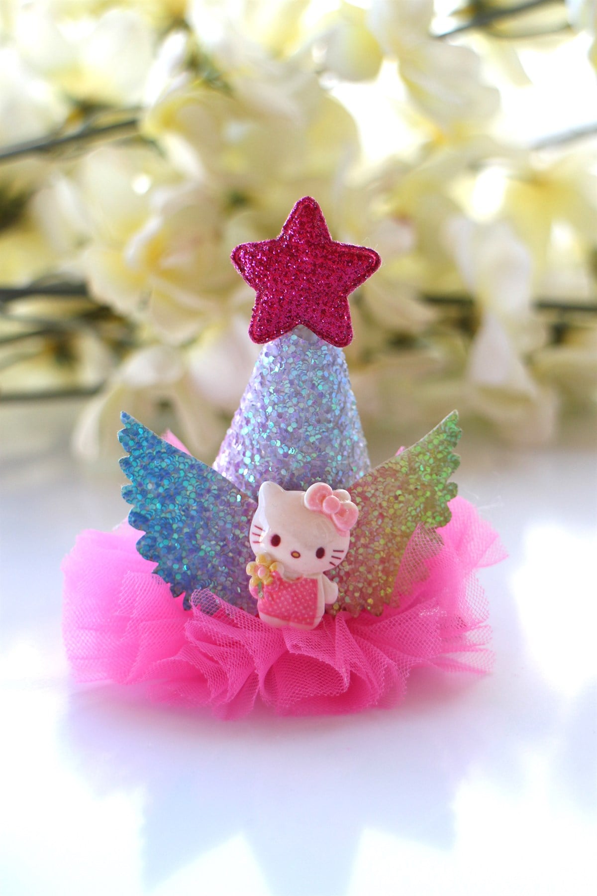 HELLO KİTTY PEMBE SİMLİ YILDIZLI  PARTİ KIZ ÇOCUK TOKASI