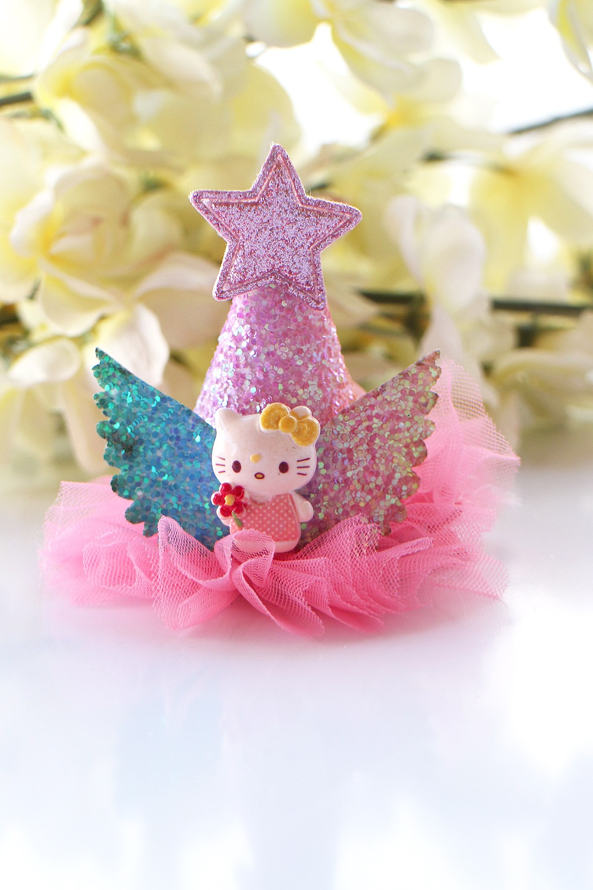 HELLO KİTTY PEMBE SİMLİ YILDIZLI  PARTİ KIZ ÇOCUK TOKASI