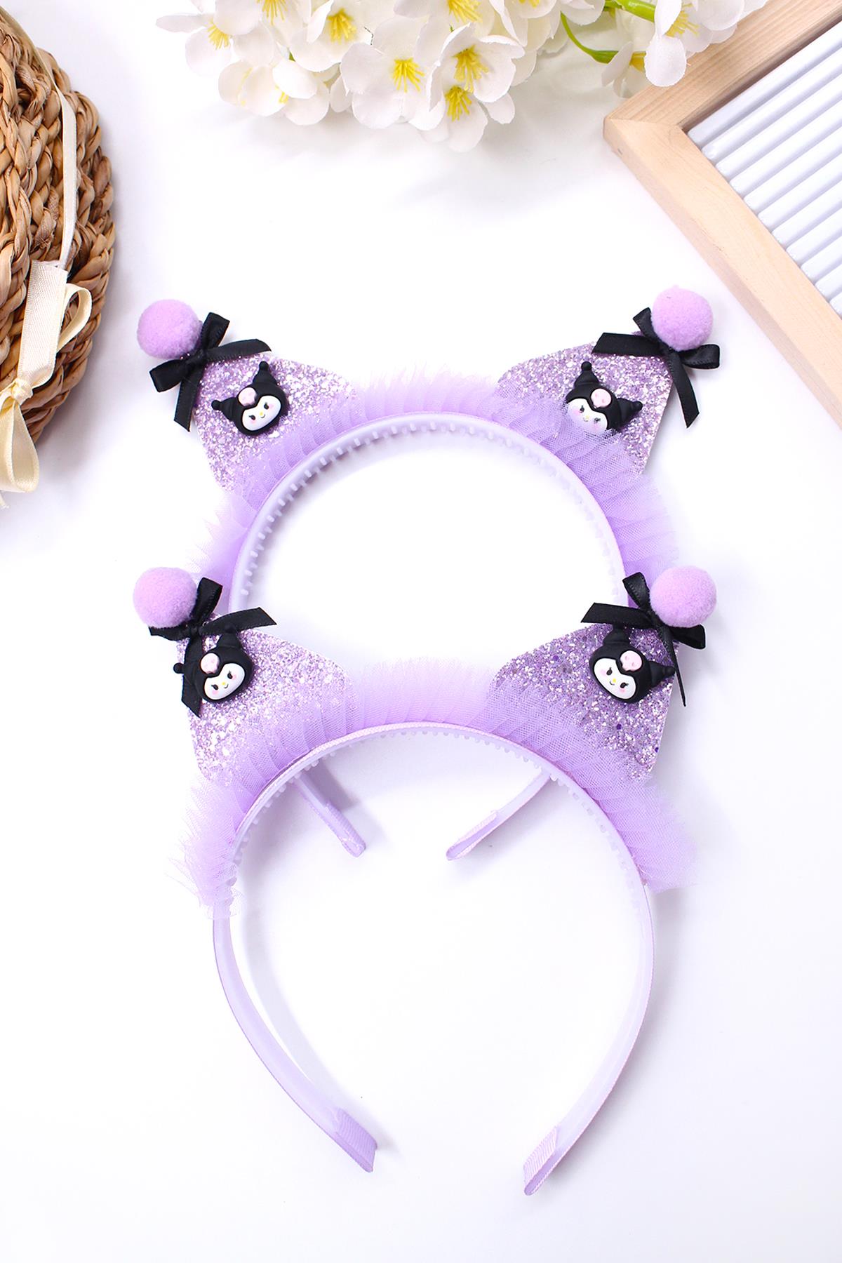 KUROMİ HALLOWEEN FİGÜRLÜ  PONPON VE KURDELA  DETAYLI MOR SİMLİ RENK KIZ ÇOCUK TACI-KUTULU-1 ADET