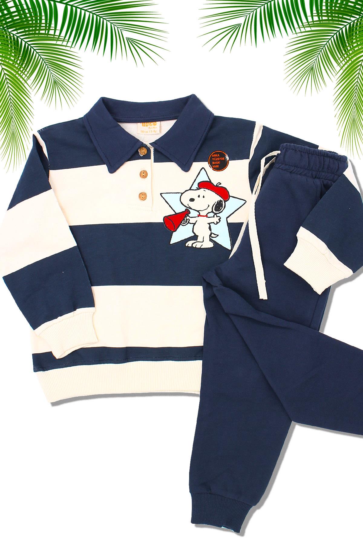 LACOSTE YAKA SNOPPY FİGÜRLÜ ERKEK ÇOCUK EŞOFMAN TAKIM- FÜME LACİVERT RENKLİ