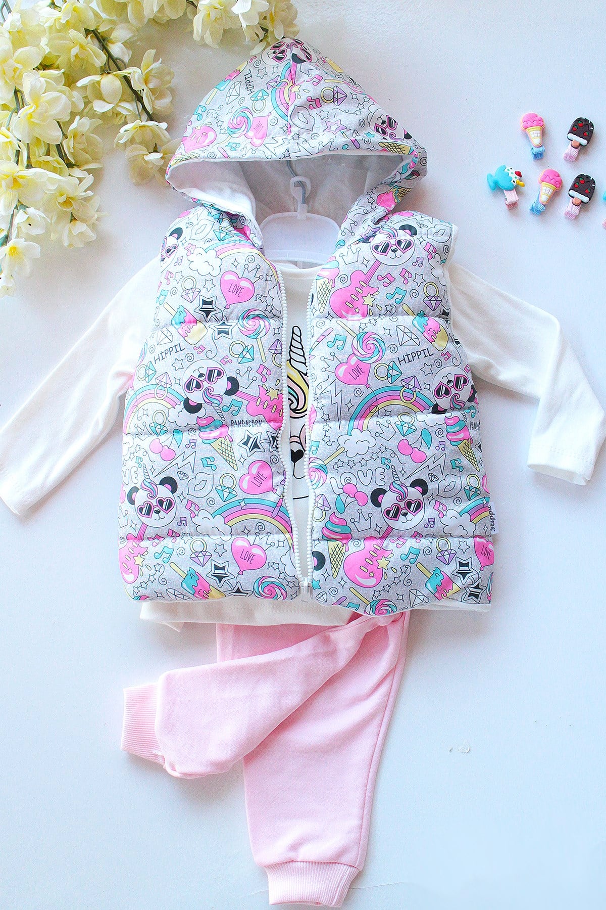 LOVE PANDACORN YELEK & EŞOFMAN KIZ BEBEK TAKIM- TOKA HEDİYELİ