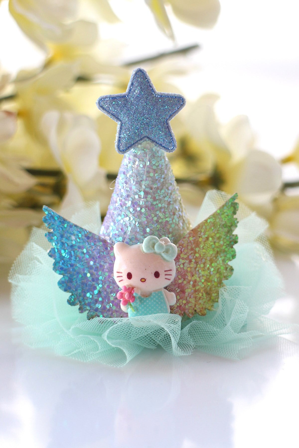 MOR HELLO KİTTY MAVİ SİMLİ YILDIZLI  PARTİ KIZ ÇOCUK TOKASI