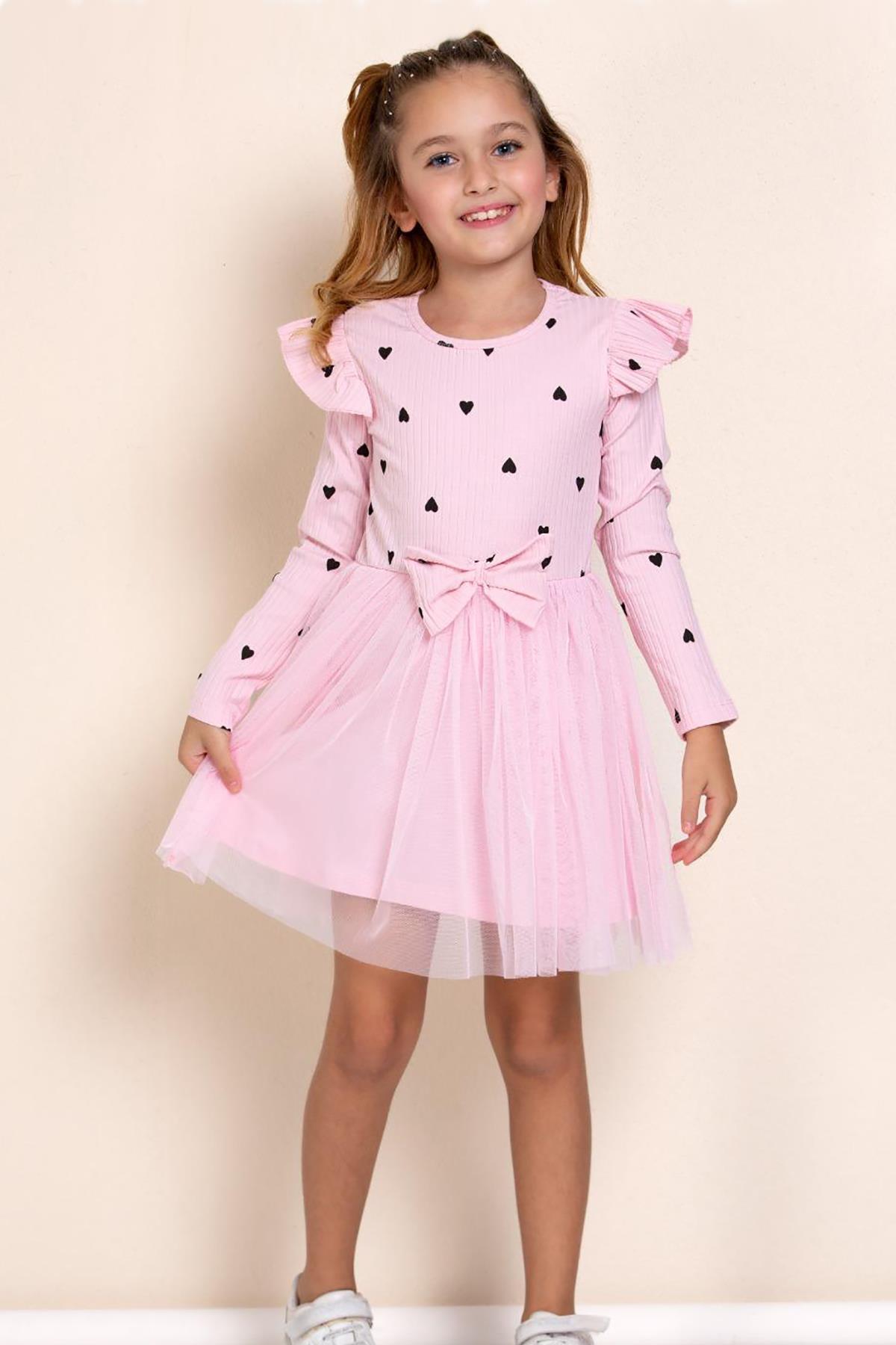 PEMBE RENK KALP MOTİFLİ TÜTÜLÜ KIZ ÇOCUK ELBİSESİ