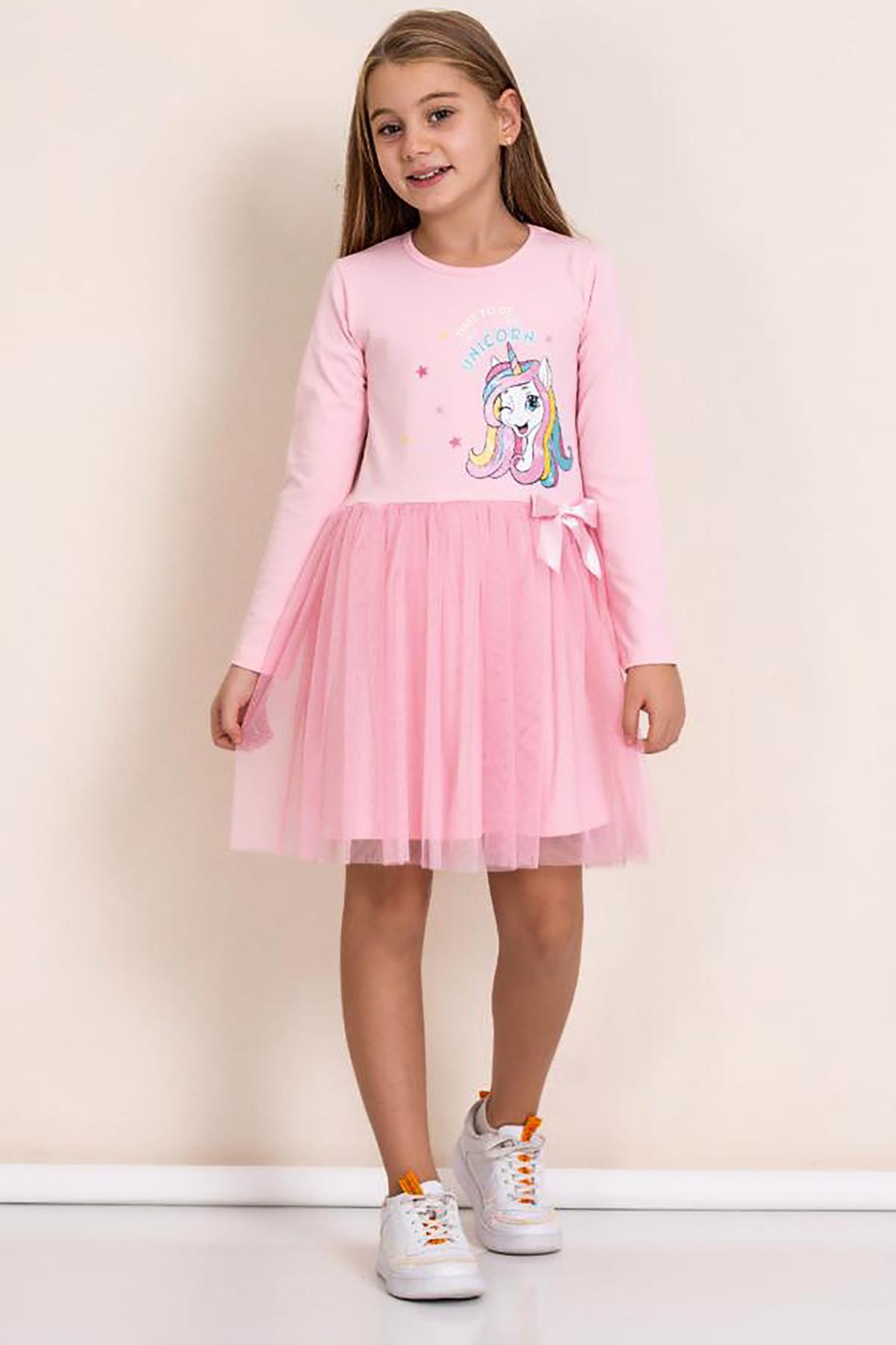 SİMLİ UNİCORN FİGÜRLÜ TÜTÜLÜ KIZ ÇOCUK ELBİSESİ-PEMBE RENK