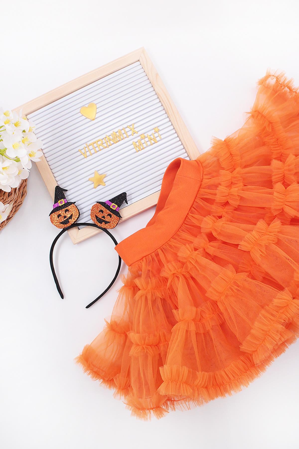TURUNCU RENK HALLOWEEN  TACI HEDİYELİ  PRENSES TÜTÜLÜ KIZ ÇOCUK ETEK - HALLOWEEN 