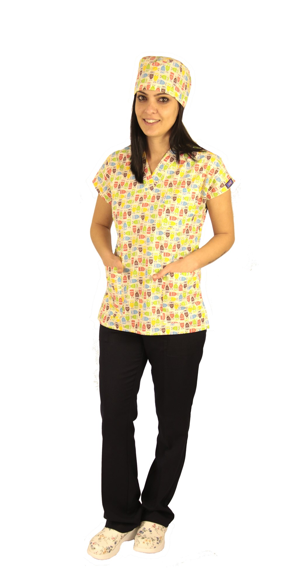 Baykuş Desenli Hipokrat Forma, Pantolon Siyah