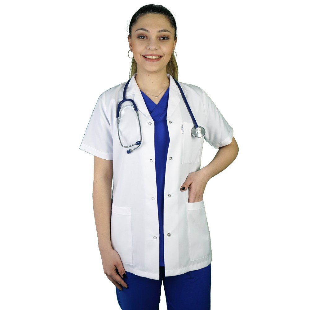 Kısa kollu, ceket yaka, bayan doktor öğretmen  önlüğü