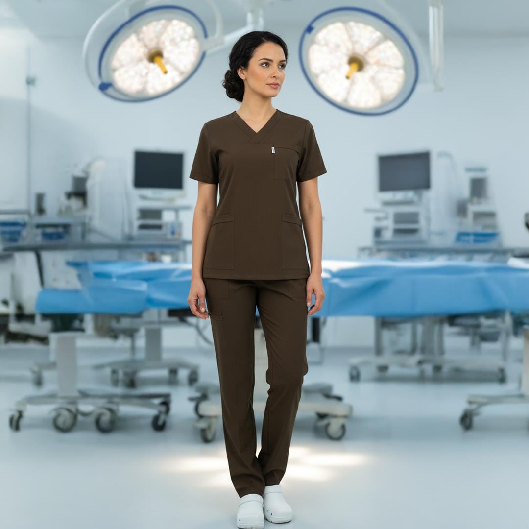 KOYU KAHVE SOFT LİKRALI V YAKA TAKIMhemşire forma, scrubs, hemşire kıyafeti, hemşire önlük, hemşire üniforma, Alpaka formaNöbet Takımları