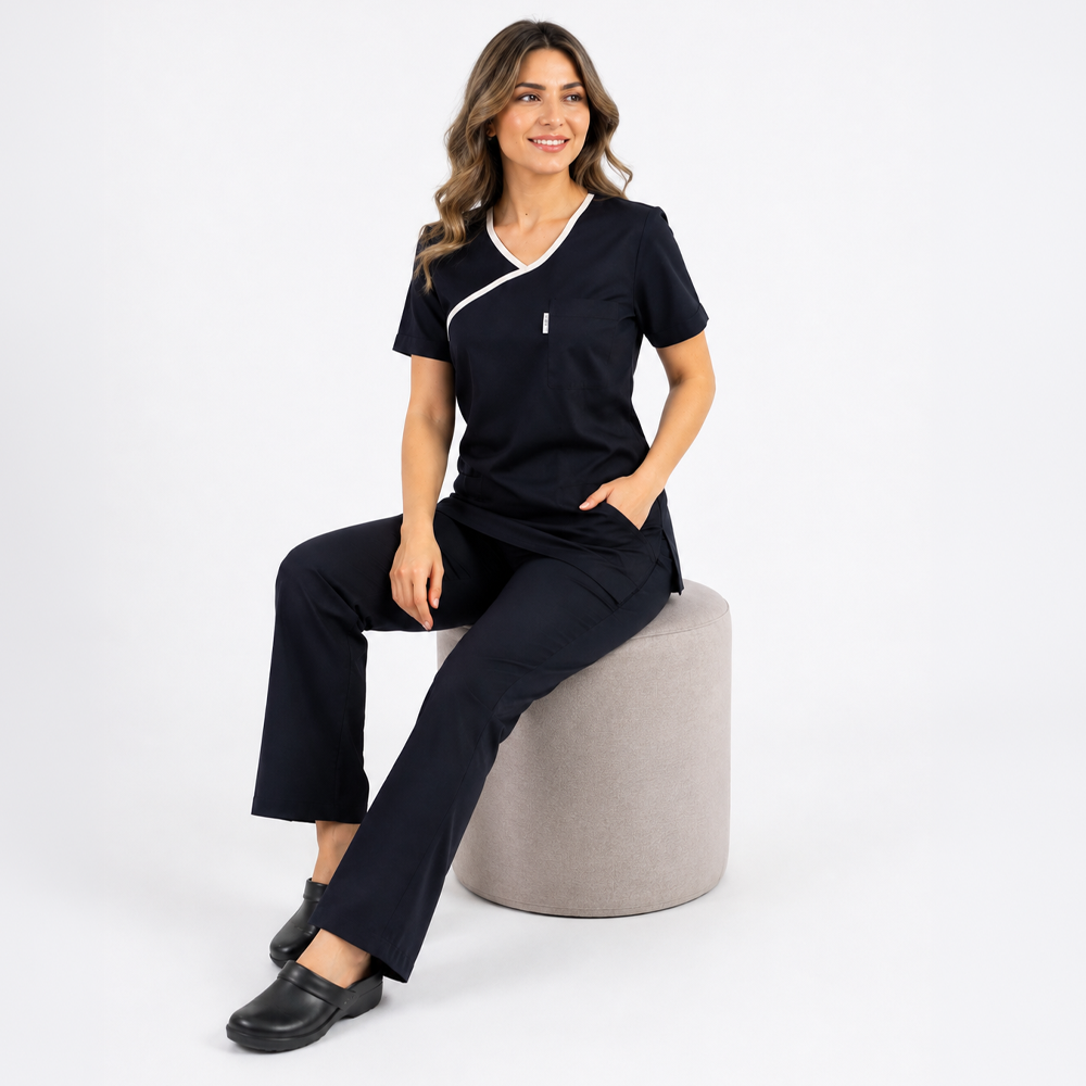 LACİVERT SOFT LİKRALI S YAKA BEYAZ BİYELİ ÜNÜFORMA TAKIMBaş Hemşire Forması  biyeli lacivert ScrubsRenkli Kombin Formalar