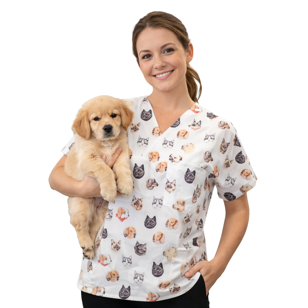 Likralı Köpek desen Bayan yarasa model üstdesenli üst, desenli doktor forması, desenli hastane forması, desenli scrubs, desenli medikal üst, desenli hemşire önlüğü, desenli doktor önlüğü, baskılı hemşire forması, renkli hemşire forması, renkli hastane forması, scrubs, desenli cerrahi formasıDesenli Forma Takımları