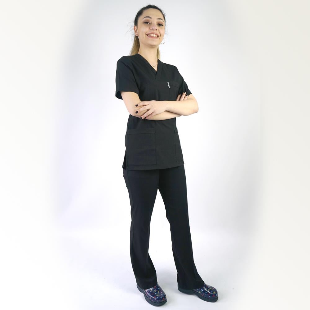 SİYAH SOFT LİKRALI V YAKA TAKIMhemşire forma, scrubs, hemşire kıyafeti, hemşire önlük, hemşire üniforma, Alpaka formaNöbet Takımları