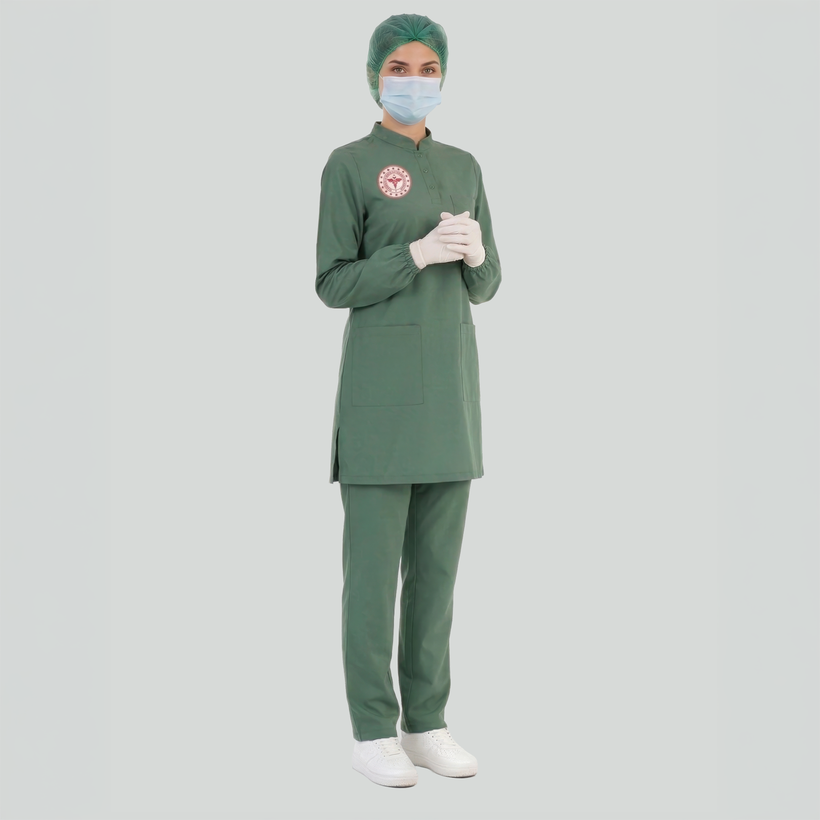 AMELİYATHANE TESETTÜR FORMASI LİKRALI SCRUBS TAKIM (FROSTY SPRUCE) SAĞLIK BAKANLIĞI UYUMLUTesettür forma, hemşire forma, scrubs, hemşire kıyafeti, hemşire önlük, hemşire üniforma, terycotton forma, uzun kollu bayan formaSağlık Bakanlığı Standart Formaları