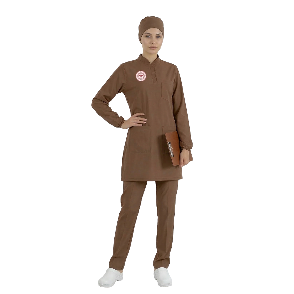 DİĞER SAĞLIK MESLEK MENSUPLARI  HEMŞİRE FORMASI LİKRALI SCRUBS TAKIM (FİRİAR BROWN) SAĞLIK BAKANLIĞI UYUMLUTesettür forma, hemşire forma, scrubs, hemşire kıyafeti, hemşire önlük, hemşire üniforma, terycotton forma, uzun kollu bayan formaSağlık Bakanlığı Standart Formaları