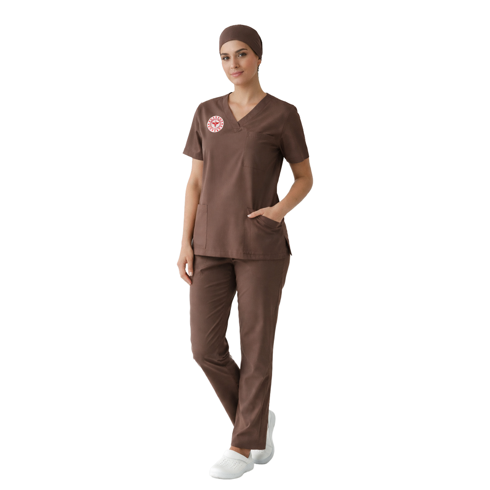 DİĞER SAĞLIK MESLEK MENSUPLARI LİKRALI SCRUBS TAKIM (FRİAR BROWN) SAĞLIK BAKANLIĞI UYUMLUBiyeli hemşire forma hemşire renkli kombin çift renk hemşire takımıSağlık Bakanlığı Standart Formaları